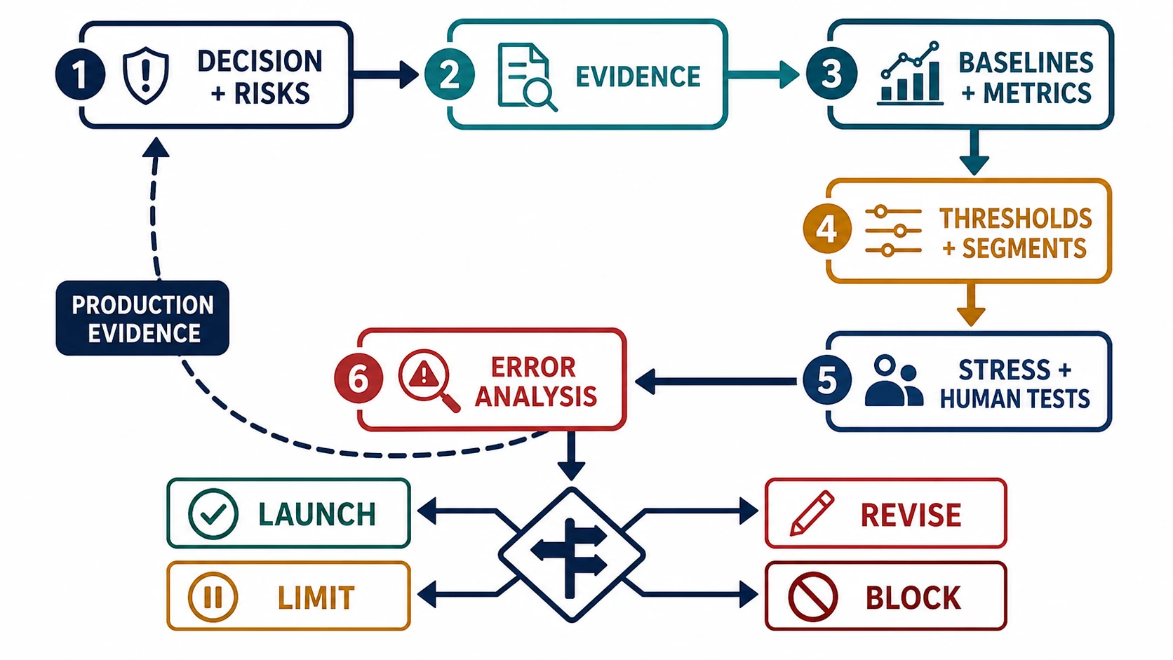 An AI evaluation loop begins with a release decision and risk hypotheses, then selects representative evidence, baselines and metrics, thresholds and segments, stress and human tests, error analysis, and finally launch, limit, revise, or block; production evidence loops back into re-evaluation.