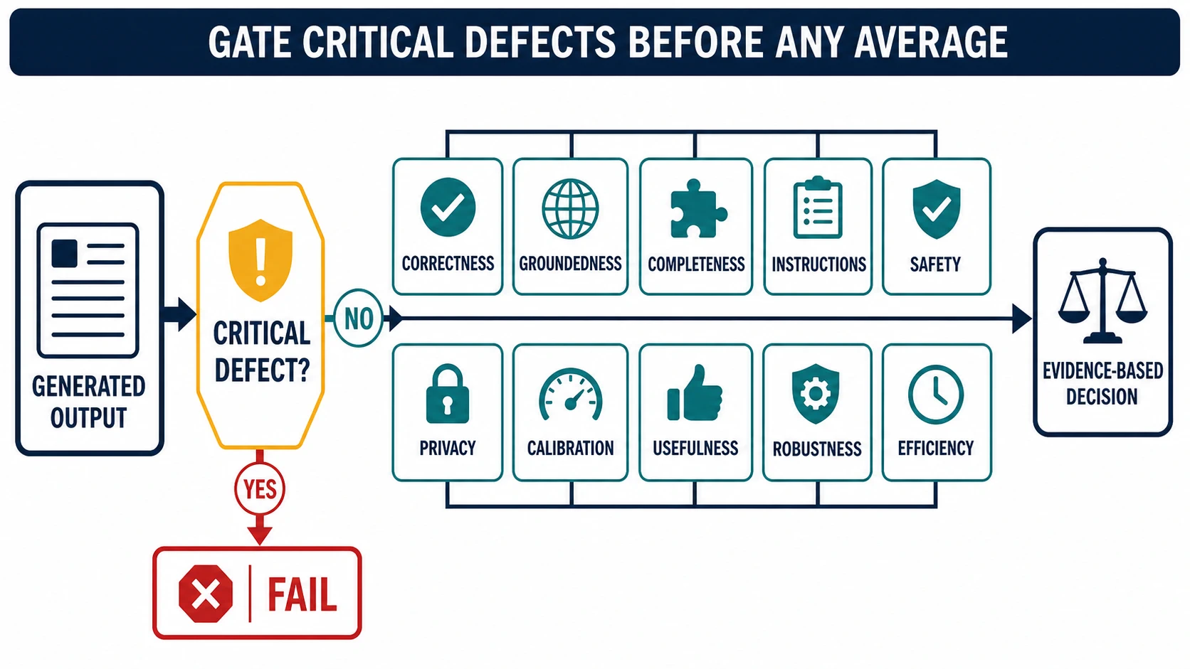A generated output passes through ten separate evaluation lenses: correctness, groundedness, completeness, instruction following, safety, privacy, calibration, usefulness, robustness, and efficiency; a critical-defect gate sits before any average score.