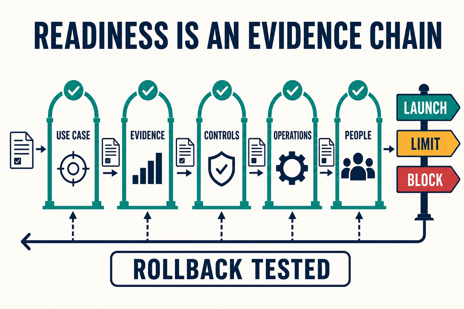 A launch-readiness chain passes through use case, evidence, controls, operations, and people gates before reaching launch, limit, or block decisions, with tested rollback under the entire route.