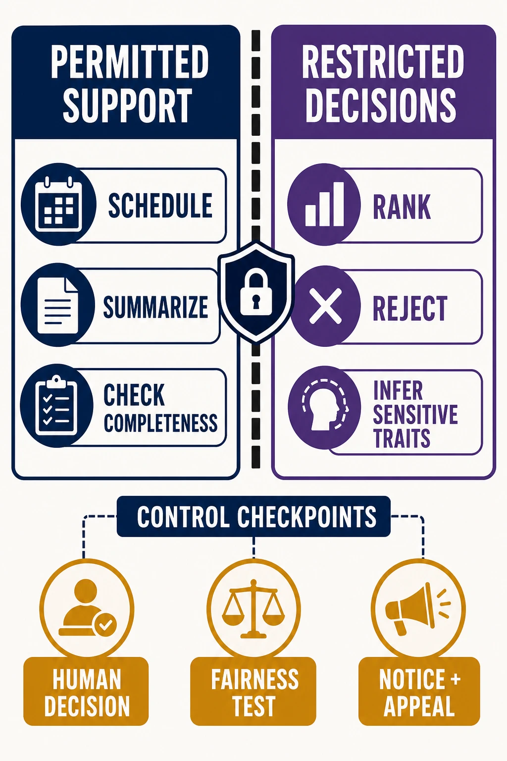 A hiring AI boundary separates permitted support tasks—scheduling, summarizing, and completeness checks—from restricted ranking, rejection, and sensitive-trait inference; checkpoints require human decision, fairness testing, notice, and appeal.