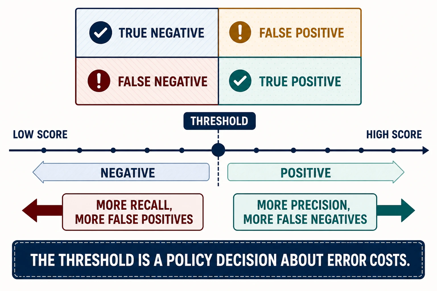 A confusion matrix sits above a score line divided by a movable threshold into negative and positive decisions; arrows show that moving left tends to increase recall and false positives, while moving right tends to increase precision and false negatives.