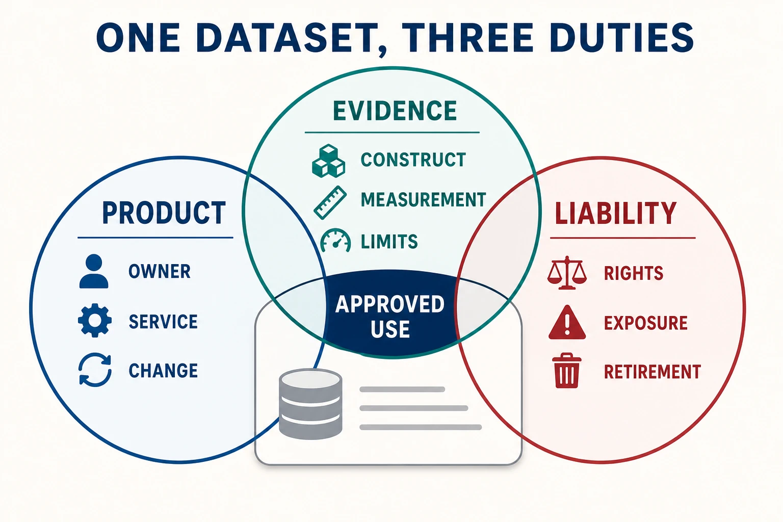 One dataset card is inspected through three overlapping lenses labeled Product, Evidence, and Liability; each lens lists its recall questions, and the overlap is labeled approved use boundary.