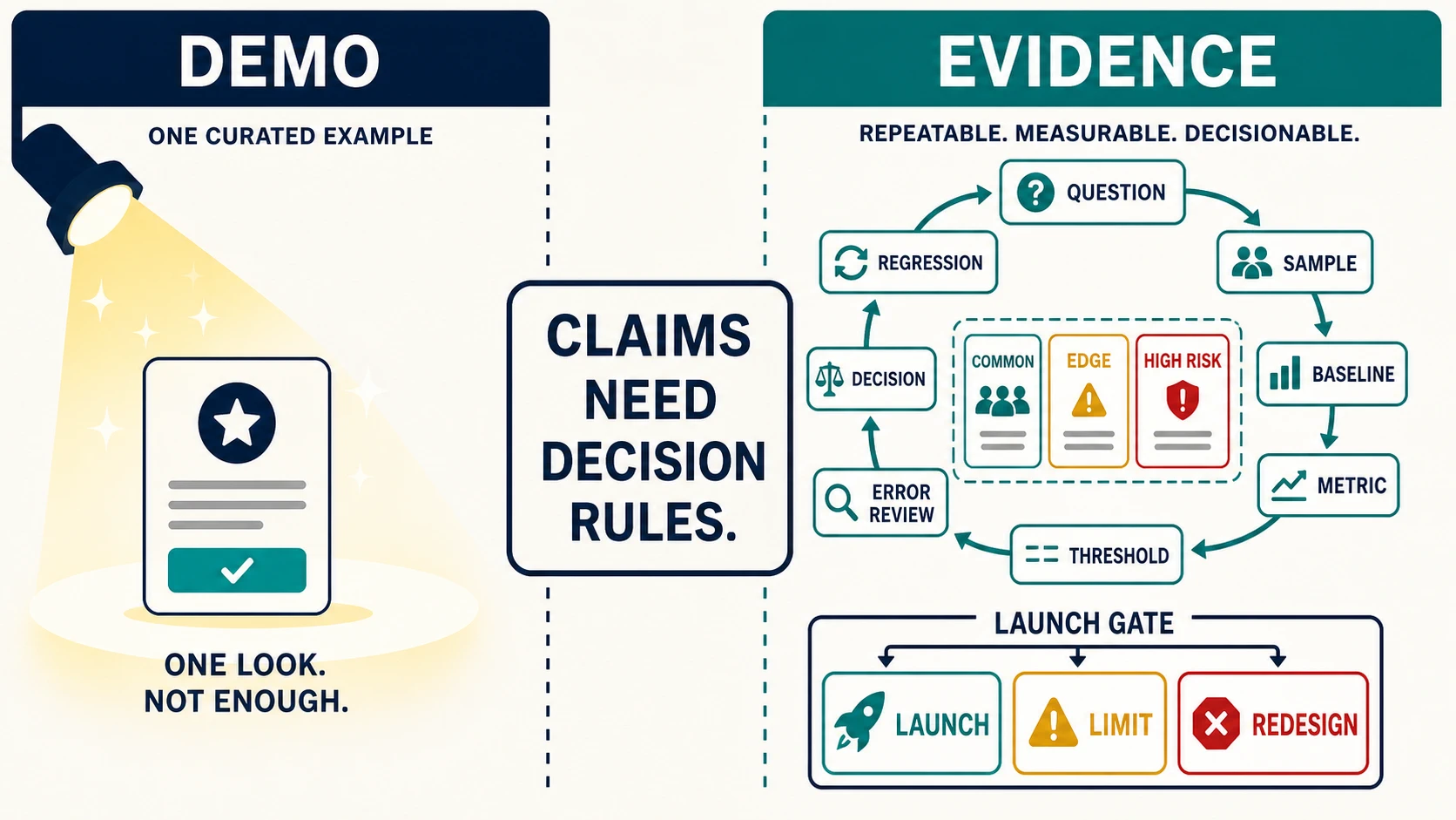 A split diagram contrasts a demo with one curated example against an evidence loop of question, sample, baseline, metric, threshold, error review, decision, and regression, including common, edge, and high-risk segments and launch, limit, or redesign outcomes.