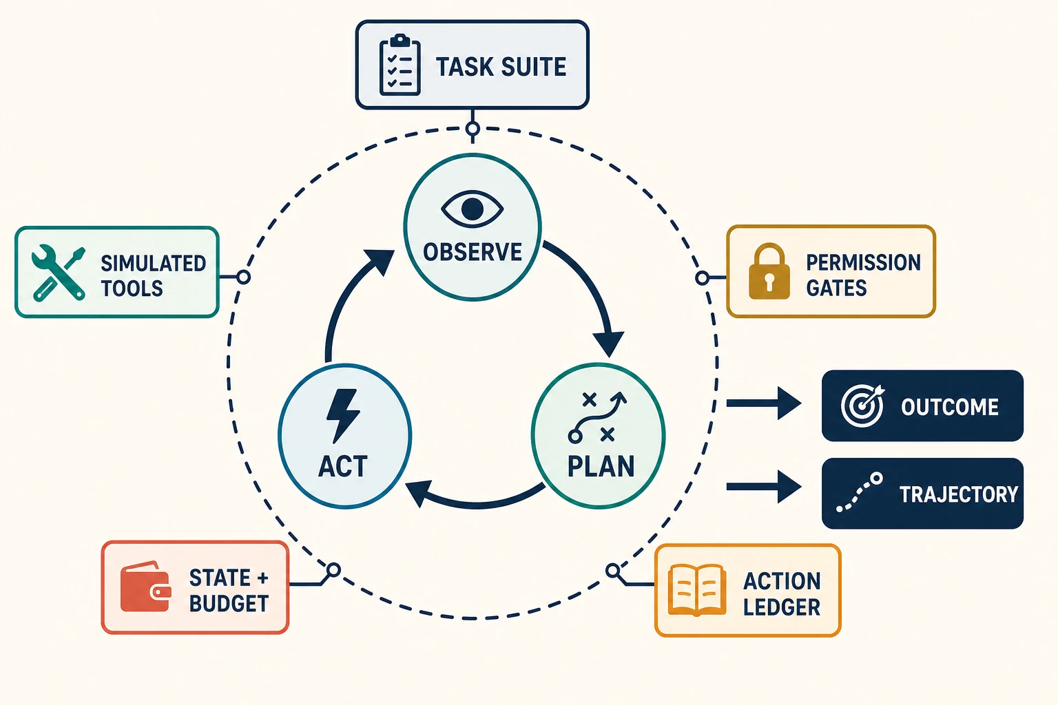An agent evaluation harness surrounds an observe-plan-act loop with a task suite, simulated tools, permission gates, state and budget monitoring, an action ledger, and separate outcome and trajectory results.