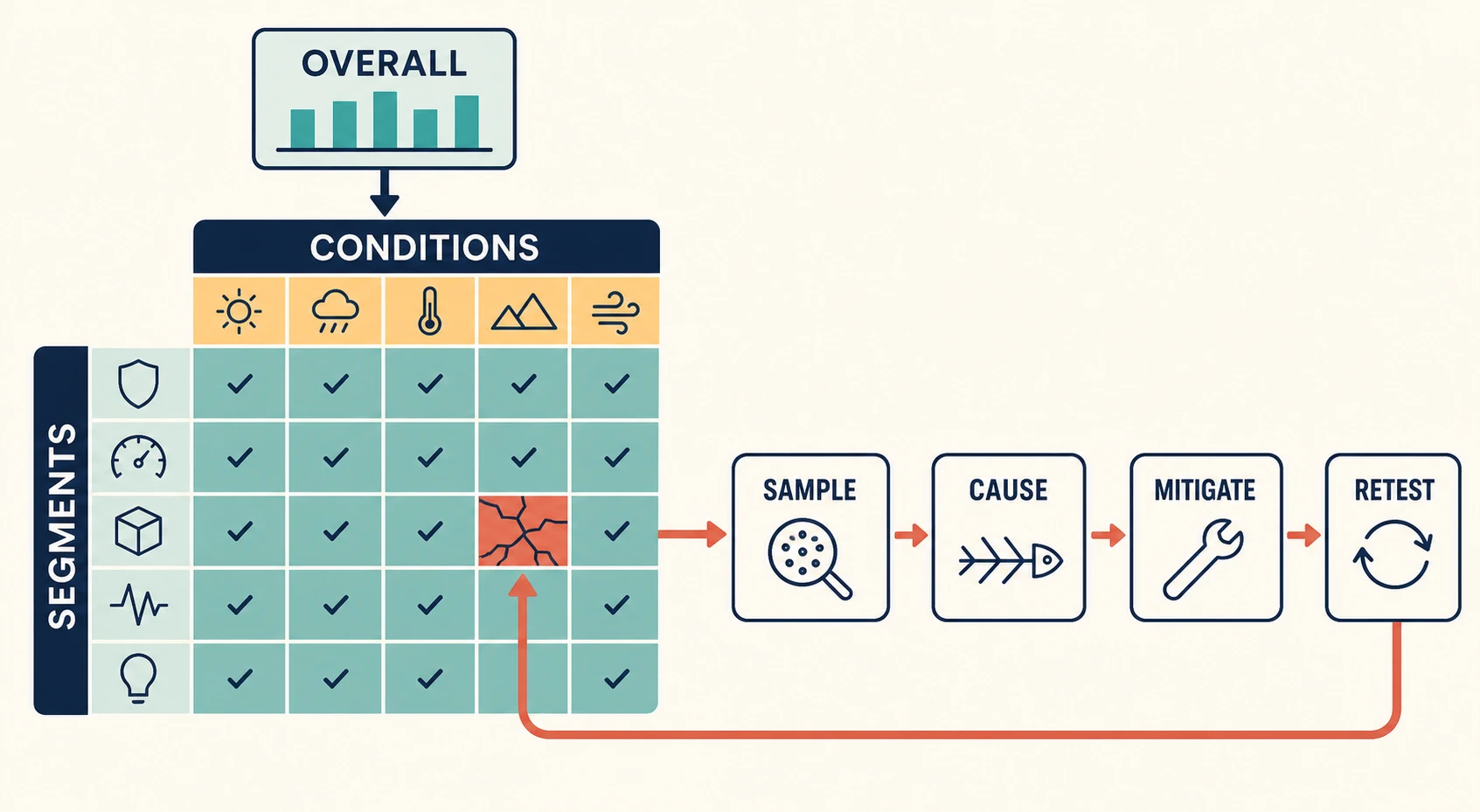 A segment-performance mosaic shows a strong overall score made of cells for population segments and stress conditions, with one intersection visibly failing; arrows connect the failed cell to sample review, root-cause analysis, mitigation, and retesting.