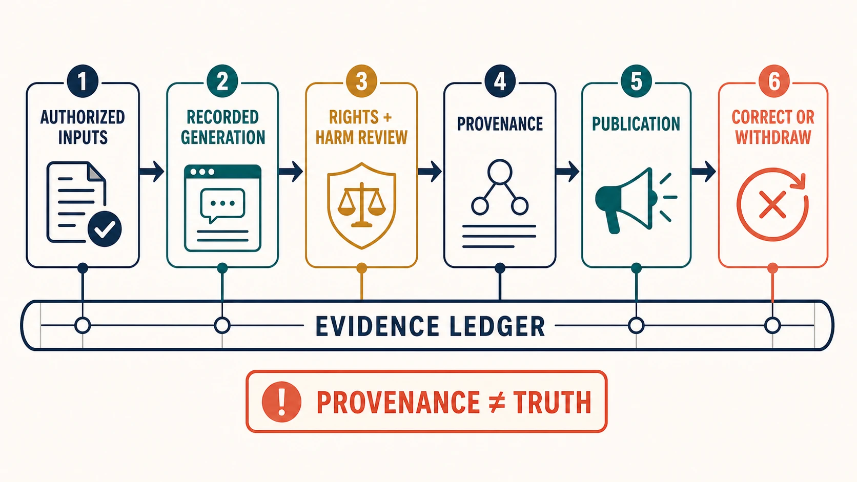 A content chain of custody moves from authorized inputs through recorded generation, rights and harm review, provenance binding, approved publication, and downstream correction, while an evidence ledger runs beneath every stage.