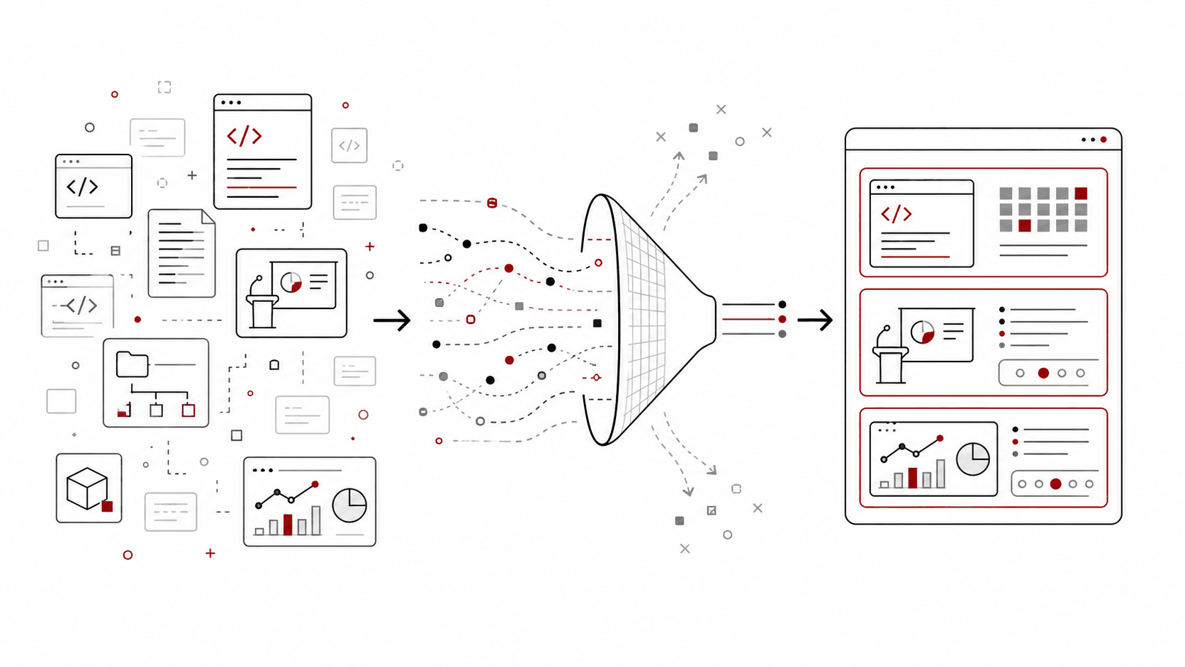 Scattered public artifacts such as code, writing, talks, repositories, and case studies pass through a curation filter into a focused public evidence board.