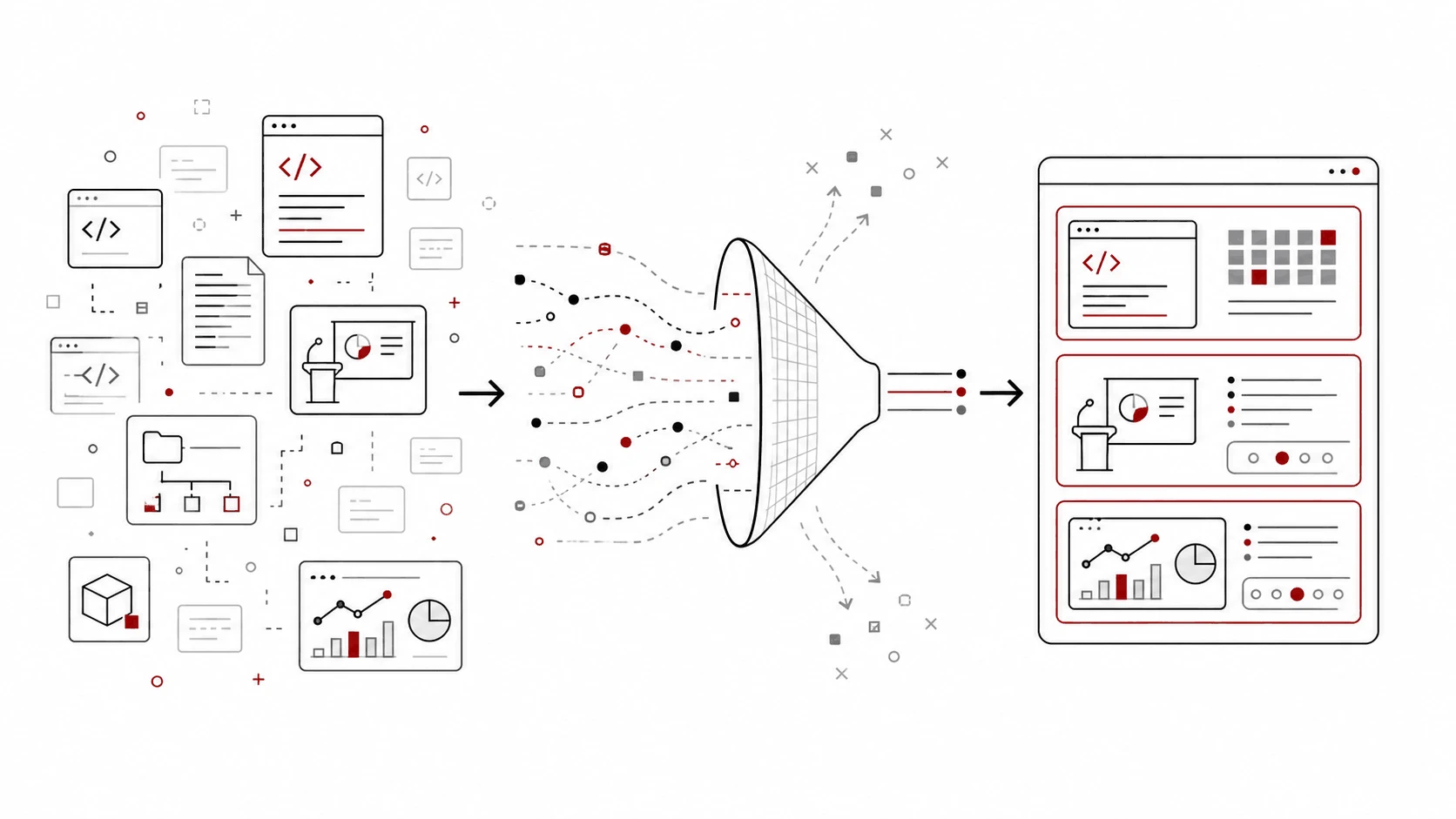 Scattered public artifacts such as code, writing, talks, repositories, and case studies pass through a curation filter into a focused public evidence board.