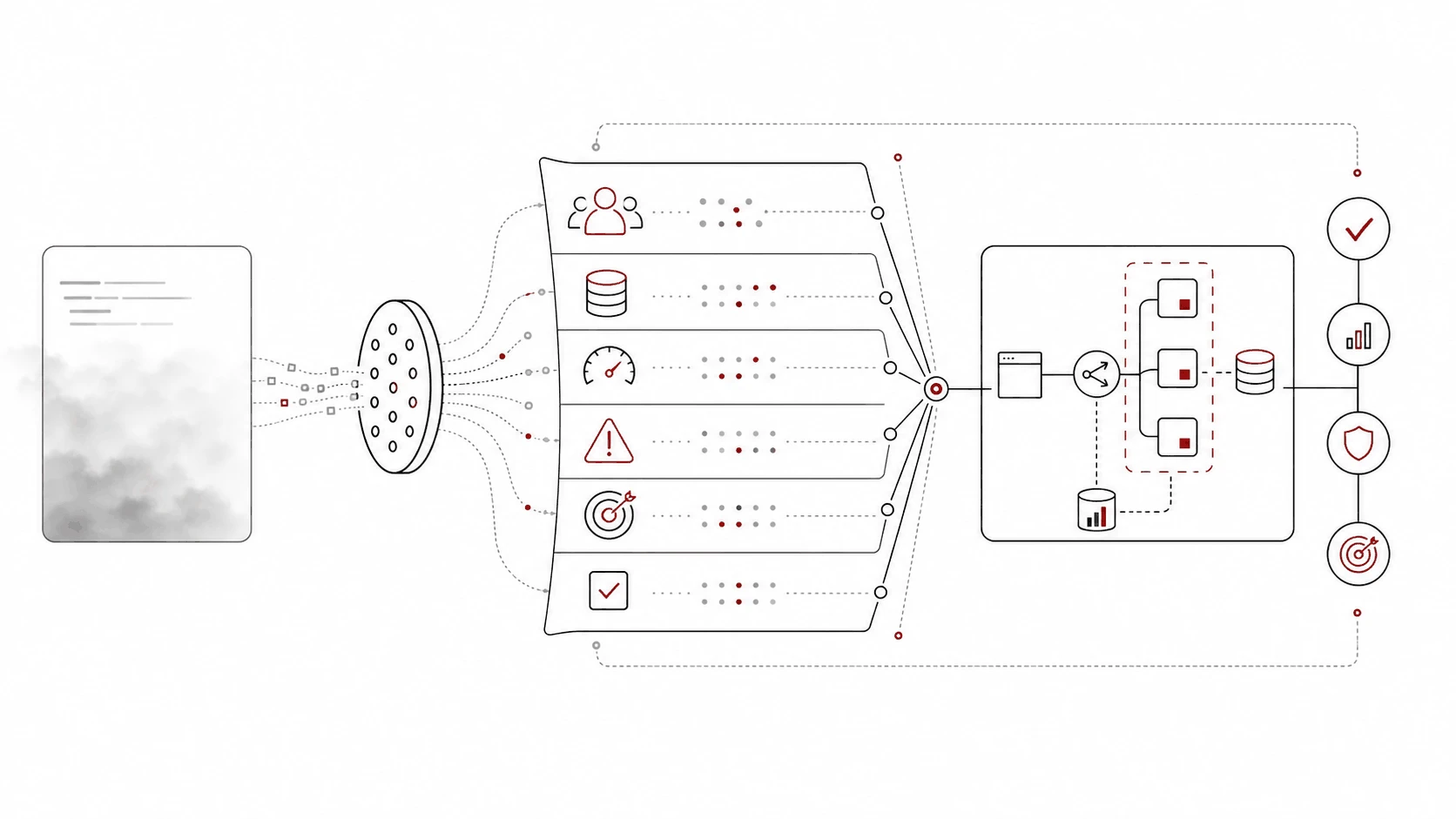 A vague prompt passes through a question filter that reveals users, data, scale, failure tolerance, and success criteria before narrowing into a safer solution path.