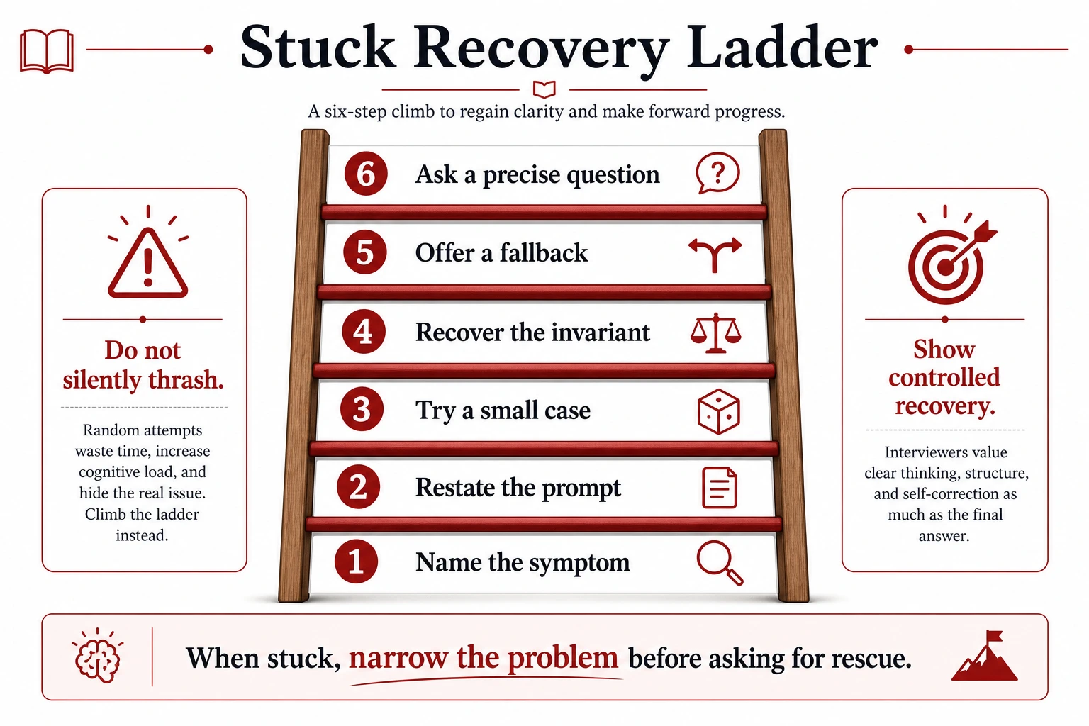 A six-step recovery ladder: name the symptom, restate the prompt, try a small case, recover the invariant, offer a fallback, and ask a precise question.