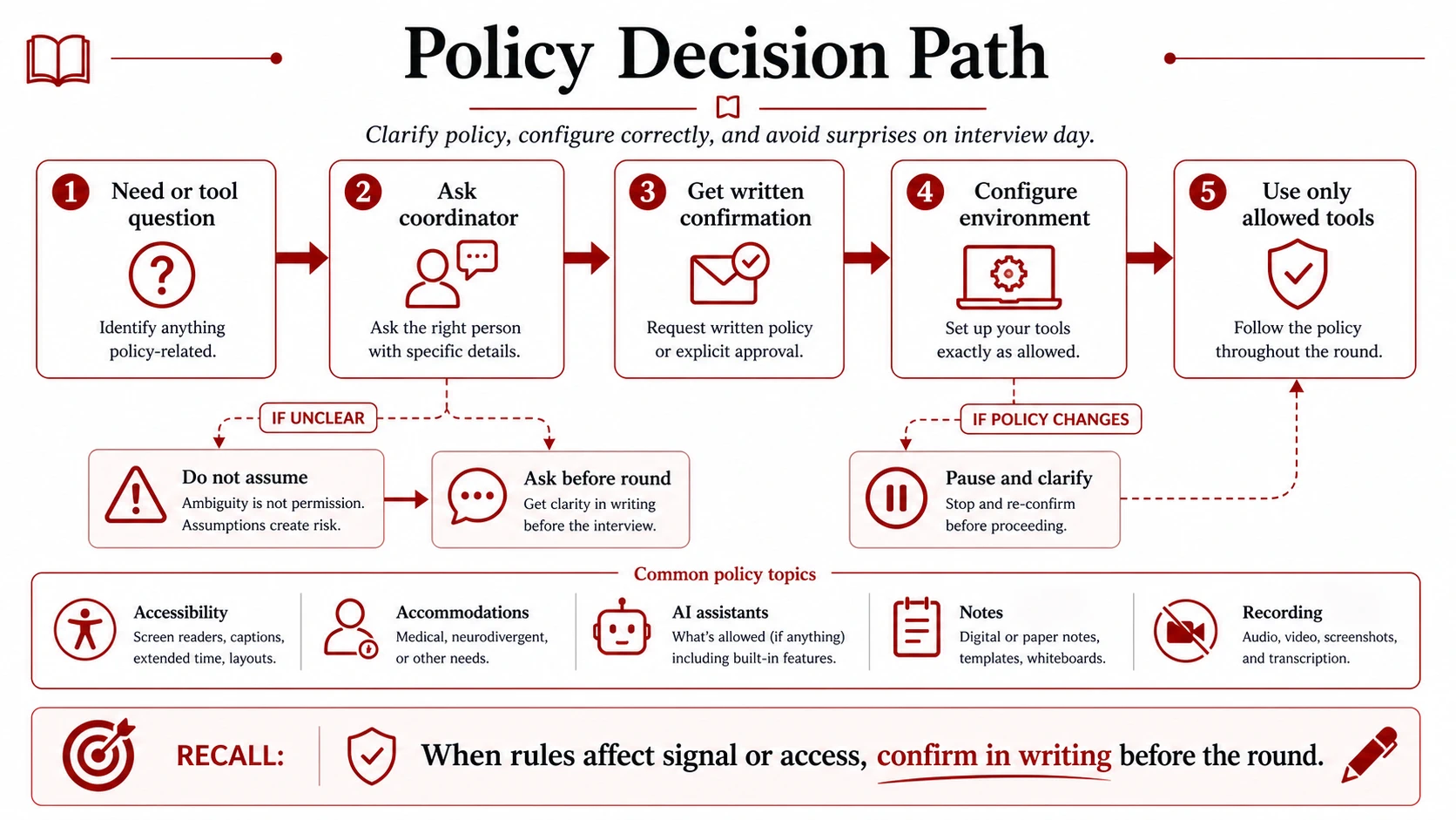 A policy decision path moves from a need or tool question through the appropriate contact, written confirmation, environment configuration, and day-of clarification.