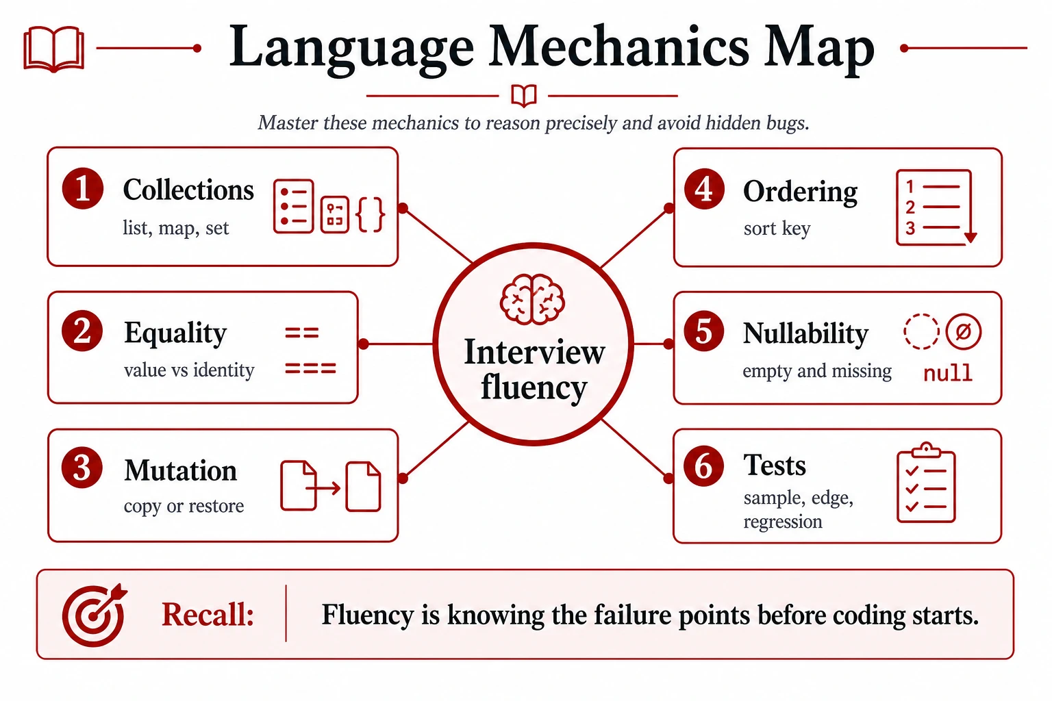 A language mechanics map groups collections, equality, mutation, ordering, nullability, and tests.