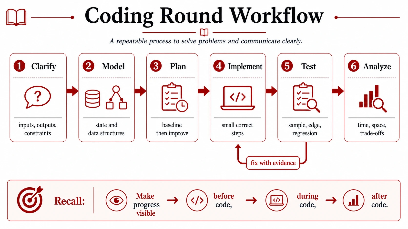 A coding workflow moves through clarify, model, plan, implement, test, and analyze, with test results returning to implementation.