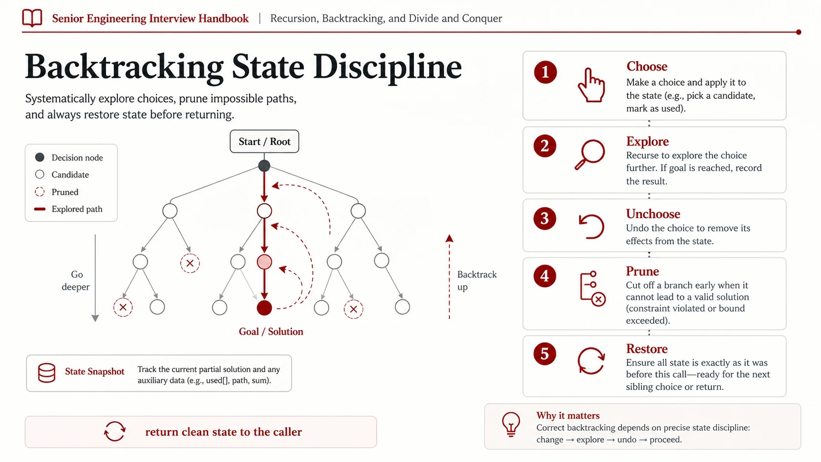 A backtracking decision tree shows choose, explore, unchoose, prune, and restore steps around a recursive branch.