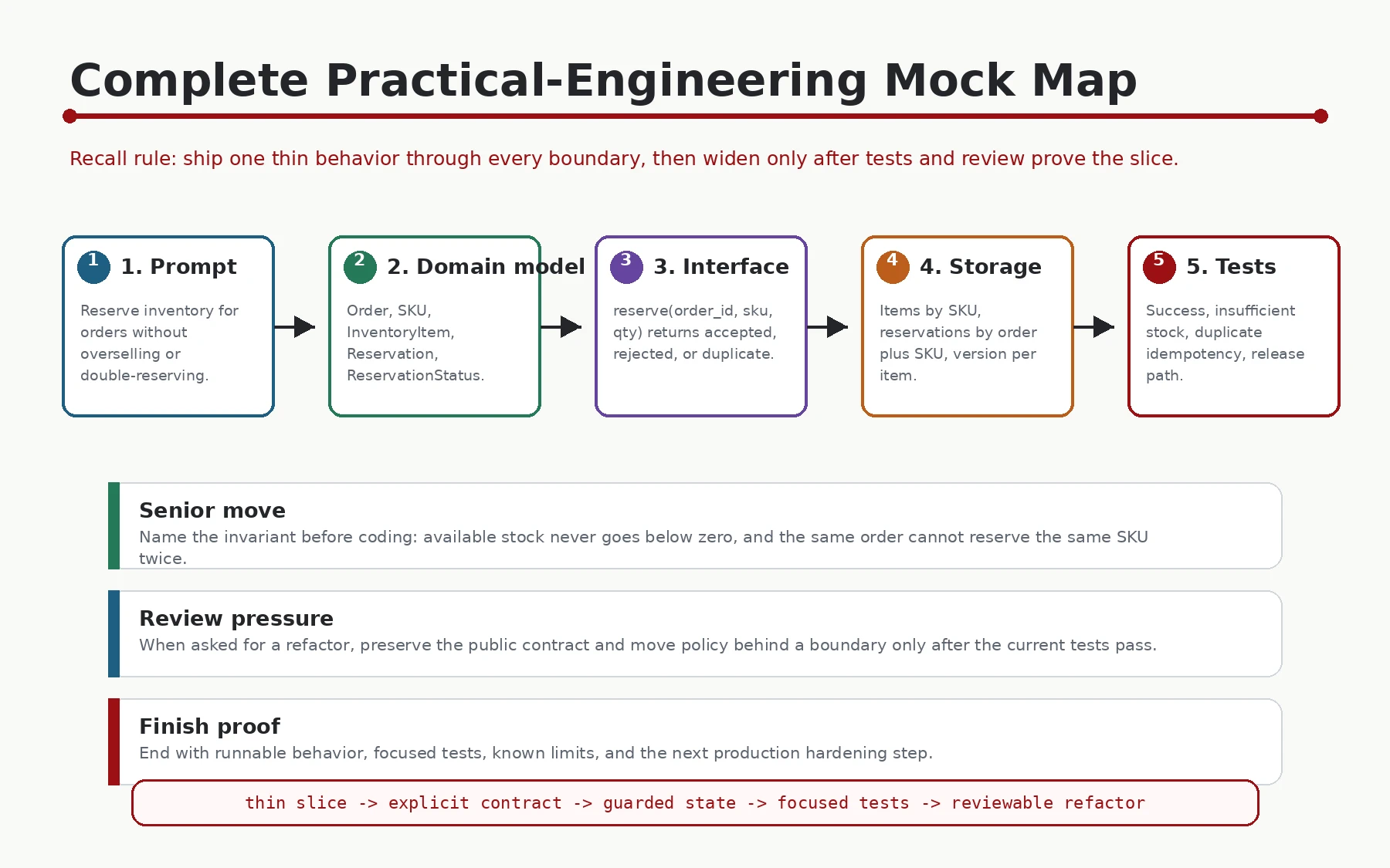 A practical-engineering mock map moves from prompt to domain model, interface, storage, tests, review pressure, and finish proof, with the recall rule that a thin slice should pass through every boundary before widening.