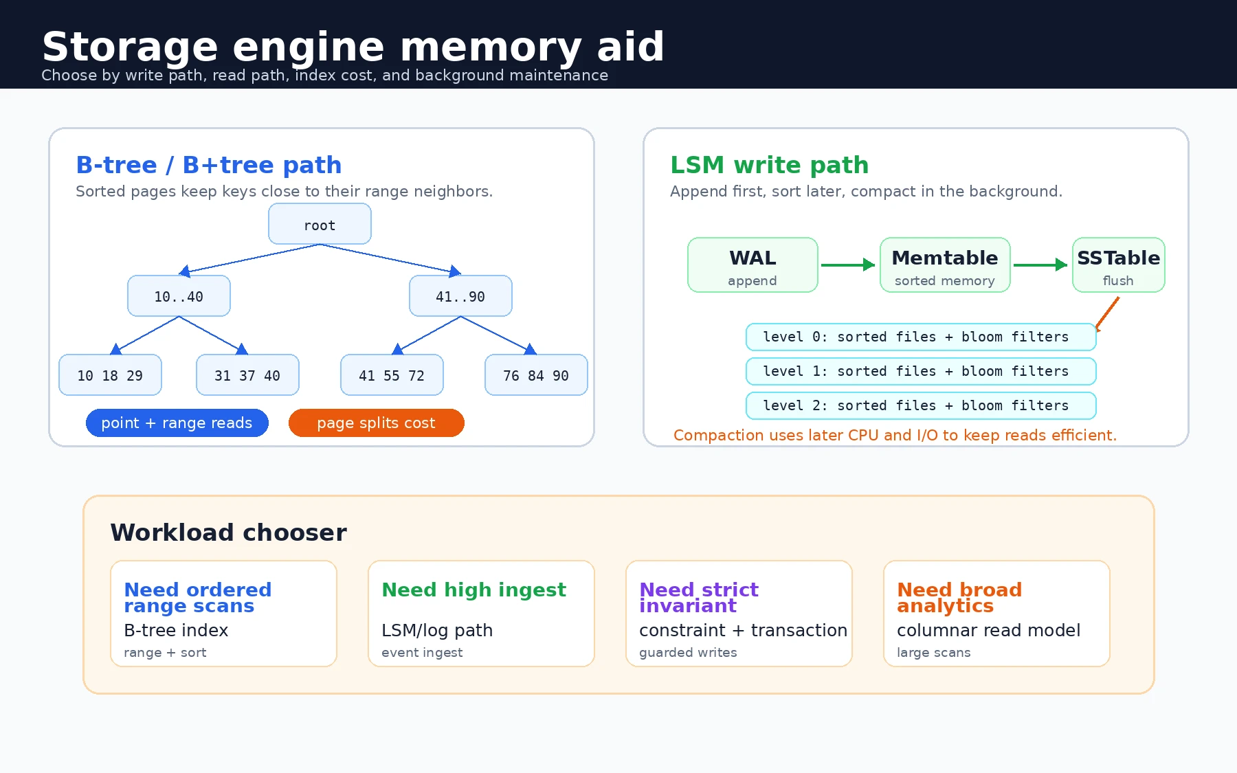 A database storage memory aid contrasts a B-tree read and write path with an LSM write-ahead log, memtable, sorted string table, and compaction path, plus a workload chooser for range reads and write-heavy workloads.