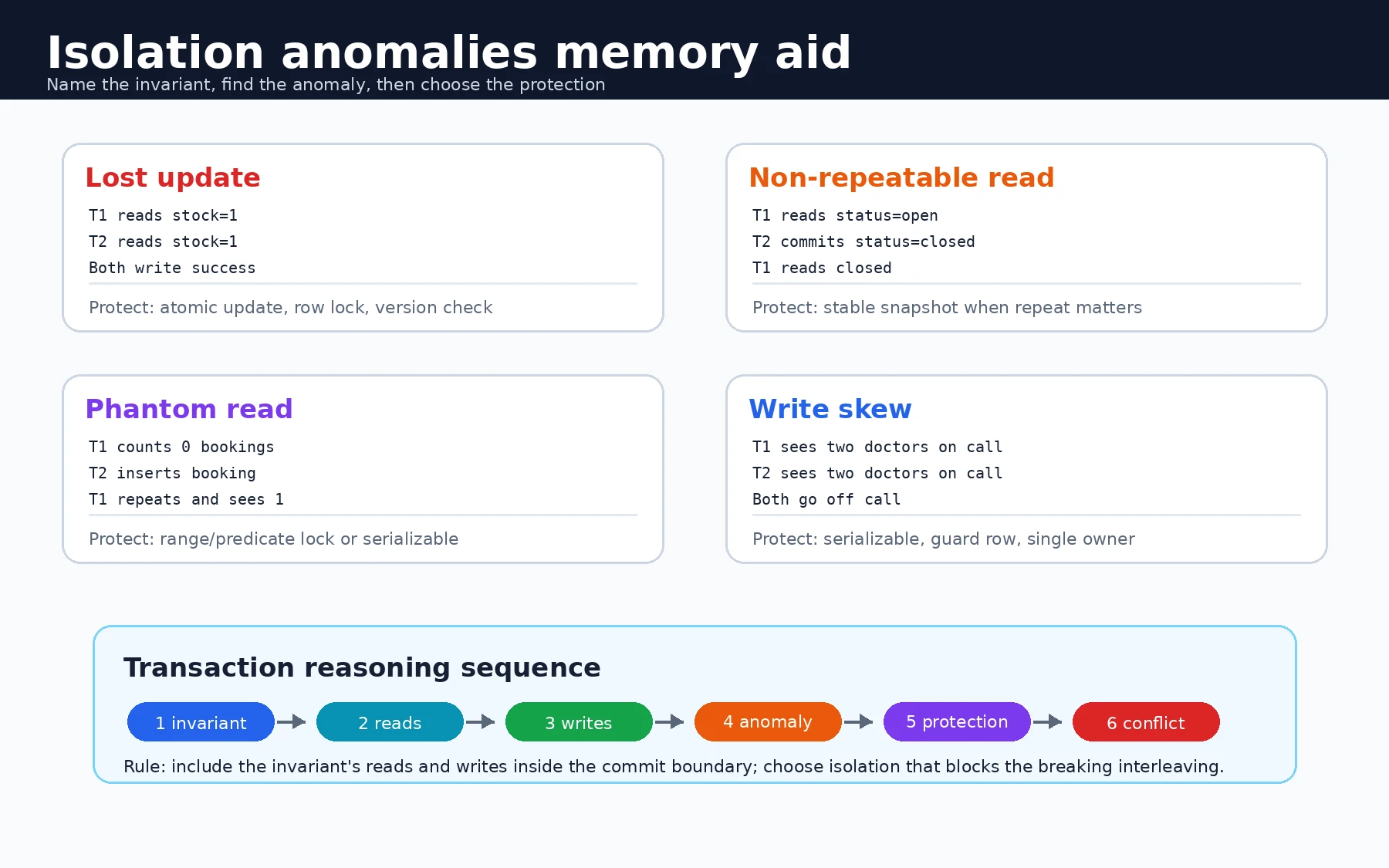 A transactions memory aid compares lost update, non-repeatable read, phantom read, and write skew, then traces the reasoning sequence from invariant through reads, writes, anomaly, protection, and conflict behavior.