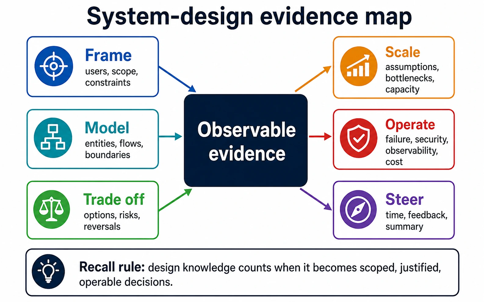 A system-design evidence map with observable evidence at the center and six surrounding signals: frame, model, trade off, scale, operate, and steer.