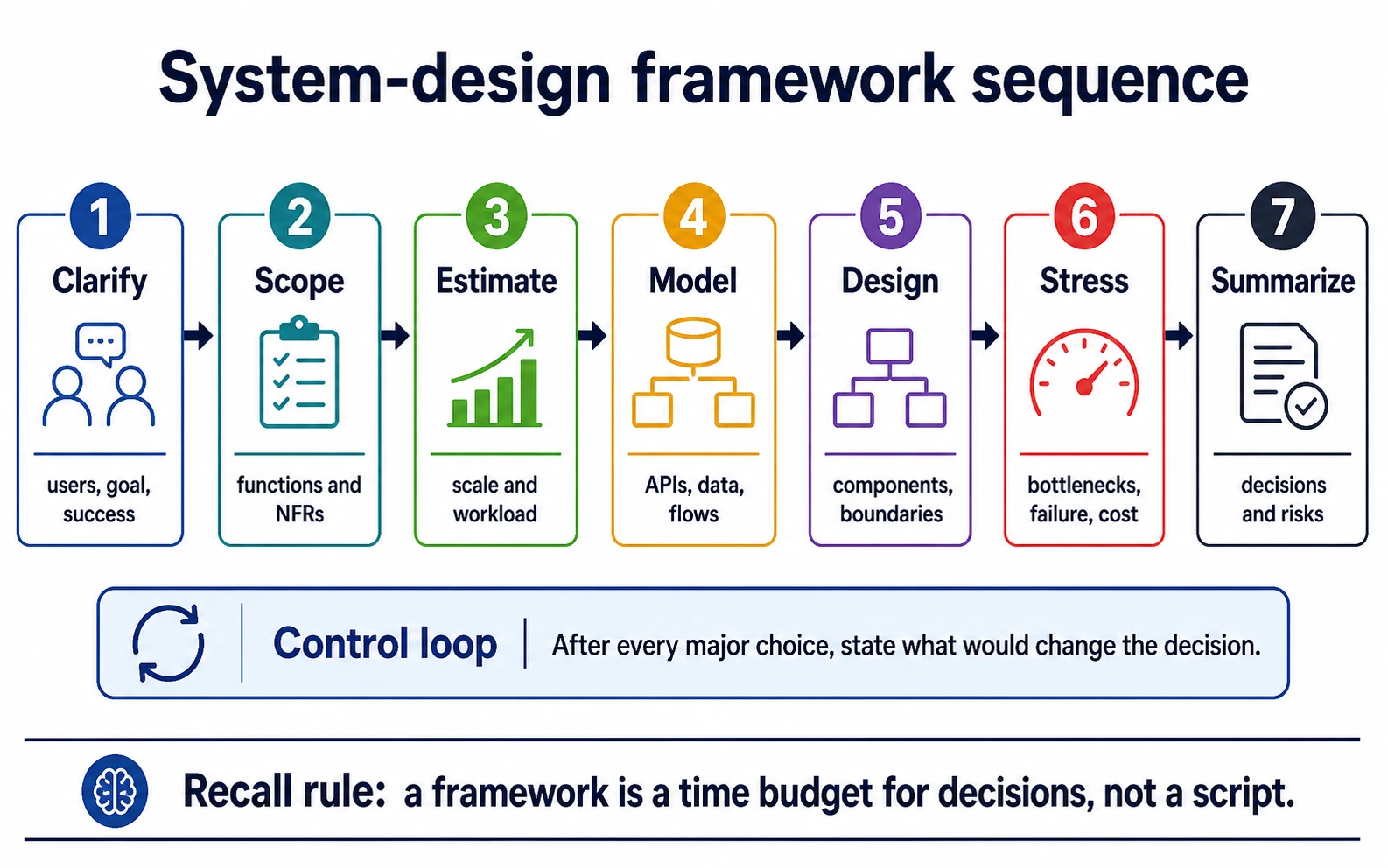 A system-design framework sequence diagram with seven numbered steps: clarify, scope, estimate, model, design, stress, and summarize, plus a control-loop reminder.