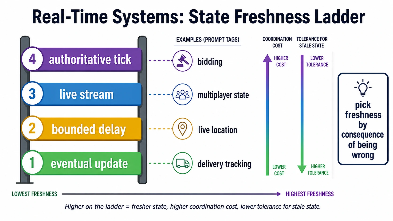 A real-time freshness ladder shows four levels: eventual update, bounded delay, live stream, and authoritative tick. Examples include delivery tracking, live location, multiplayer state, and bidding, with higher freshness requiring higher coordination cost and lower tolerance for stale state.