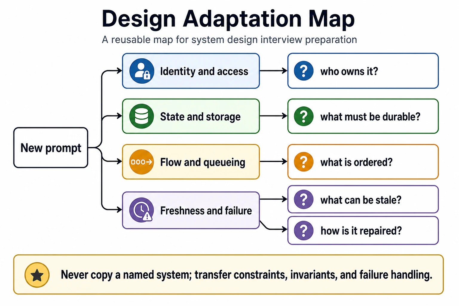A design adaptation map starts from a new prompt and branches into identity and access, state and storage, flow and queueing, and freshness and failure. Each branch has a question, including who owns it, what must be durable, what is ordered, what can be stale, and how it is repaired.