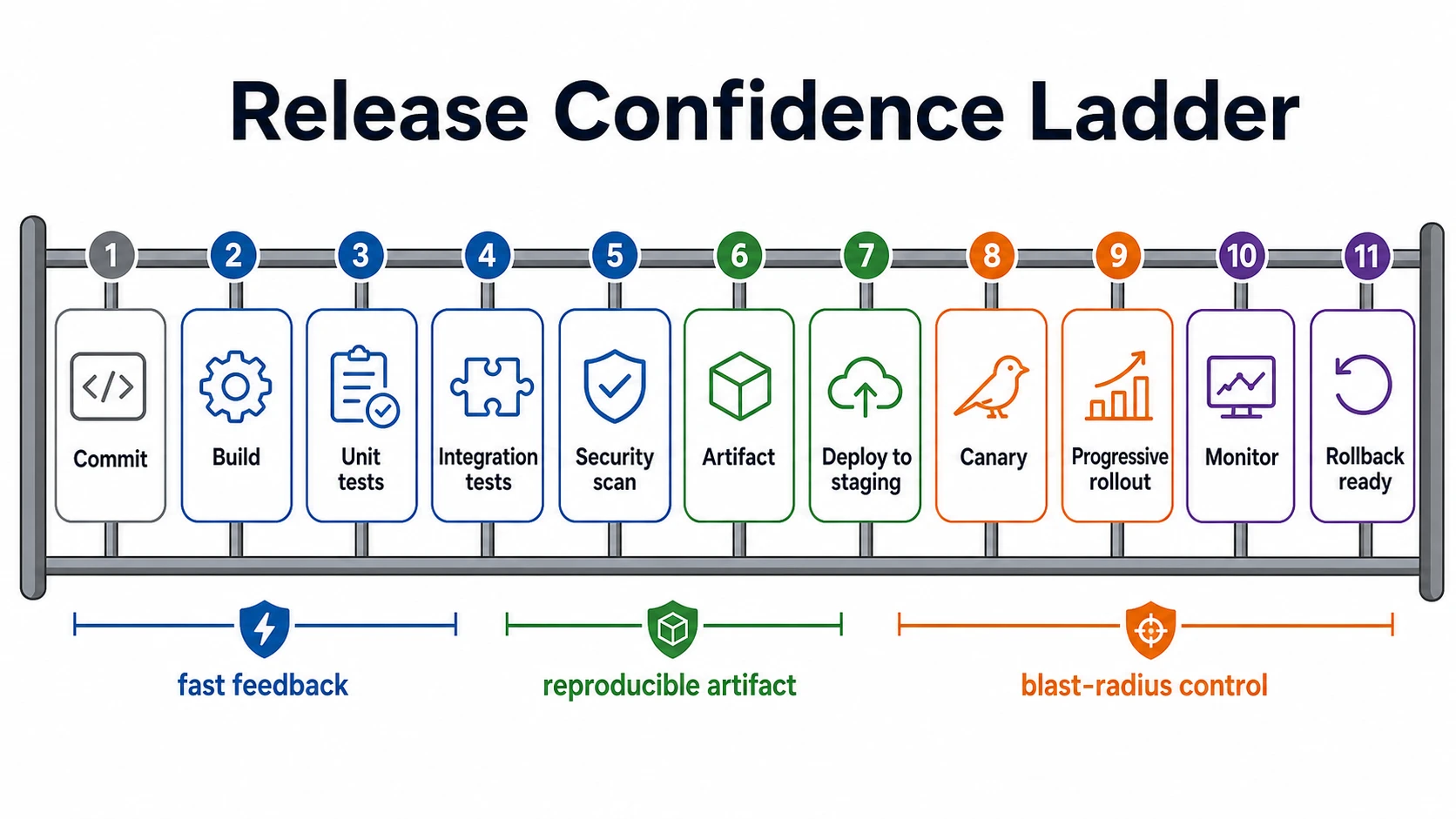 A release confidence ladder shows commit, build, unit tests, integration tests, security scan, artifact, deploy to staging, canary, progressive rollout, monitor, and rollback ready, with labels for fast feedback, reproducible artifact, and blast-radius control.