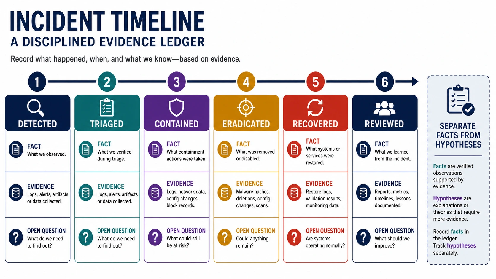 Incident timeline evidence ledger showing detected, triaged, contained, eradicated, recovered, and reviewed stages, each with fact, evidence, and open question fields, plus a reminder to separate facts from hypotheses.