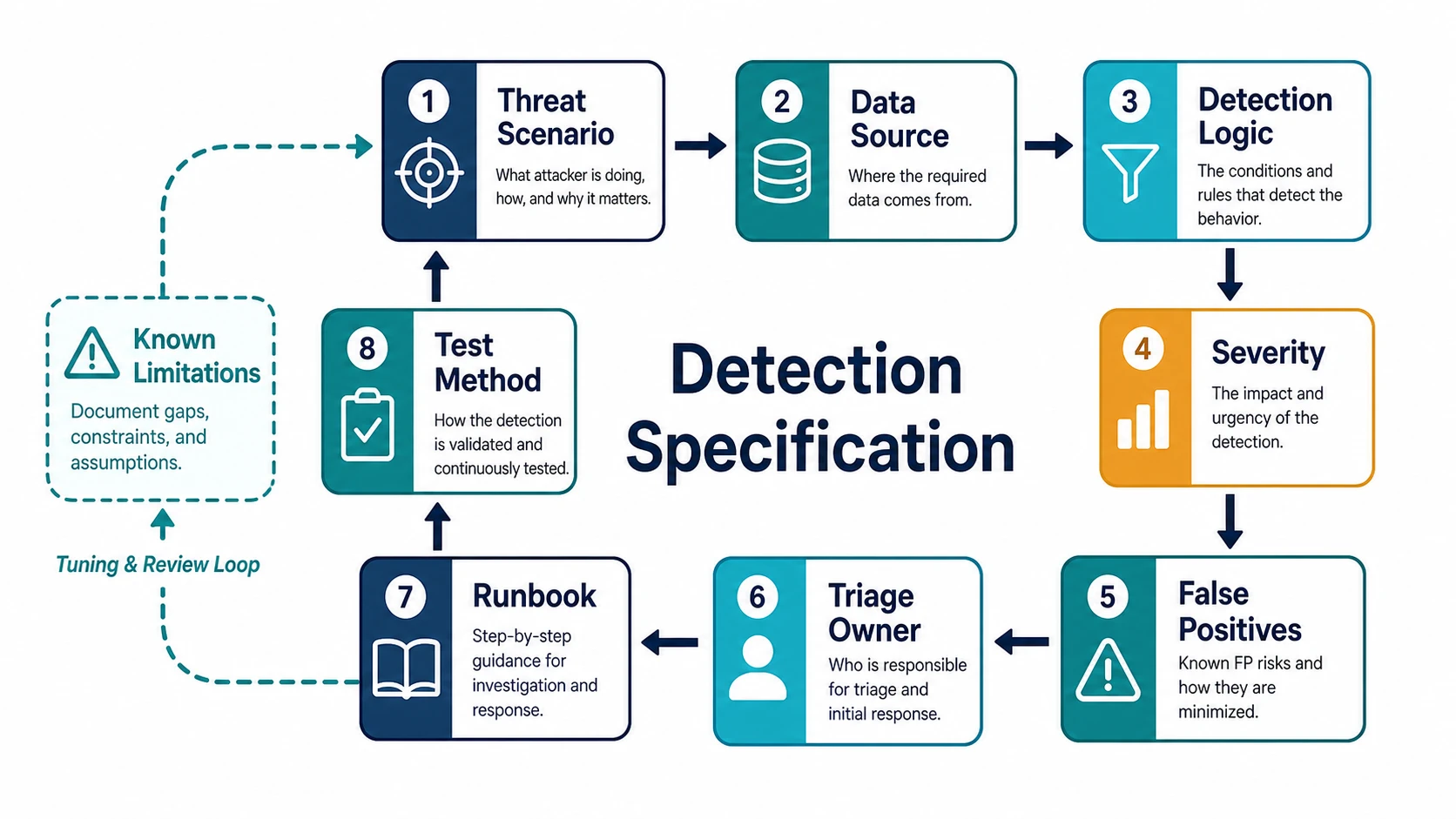 Detection specification loop showing threat scenario, data source, detection logic, severity, false positives, triage owner, runbook, test method, and known limitations feeding back into the threat scenario.