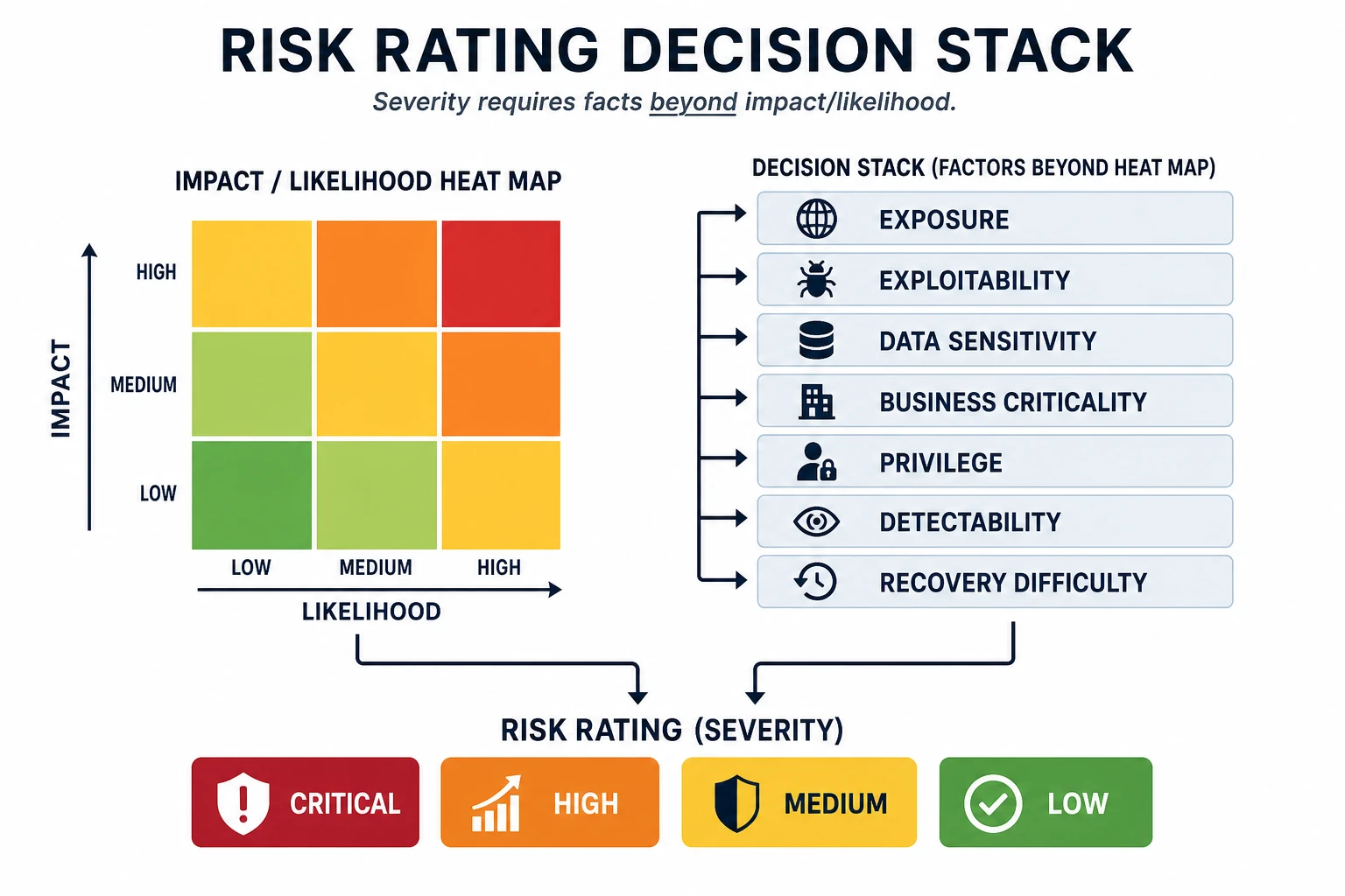 A risk rating decision diagram combines a small impact and likelihood heat map with stacked factors: exposure, exploitability, data sensitivity, business criticality, privilege, detectability, and recovery difficulty. The output badges are critical, high, medium, and low.