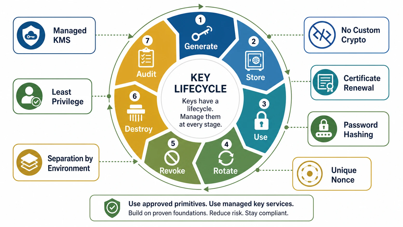 Key lifecycle wheel with stages generate, store, use, rotate, revoke, destroy, and audit. Surrounding guardrails include managed KMS, least privilege, separation by environment, no custom crypto, certificate renewal, password hashing, and unique nonce.