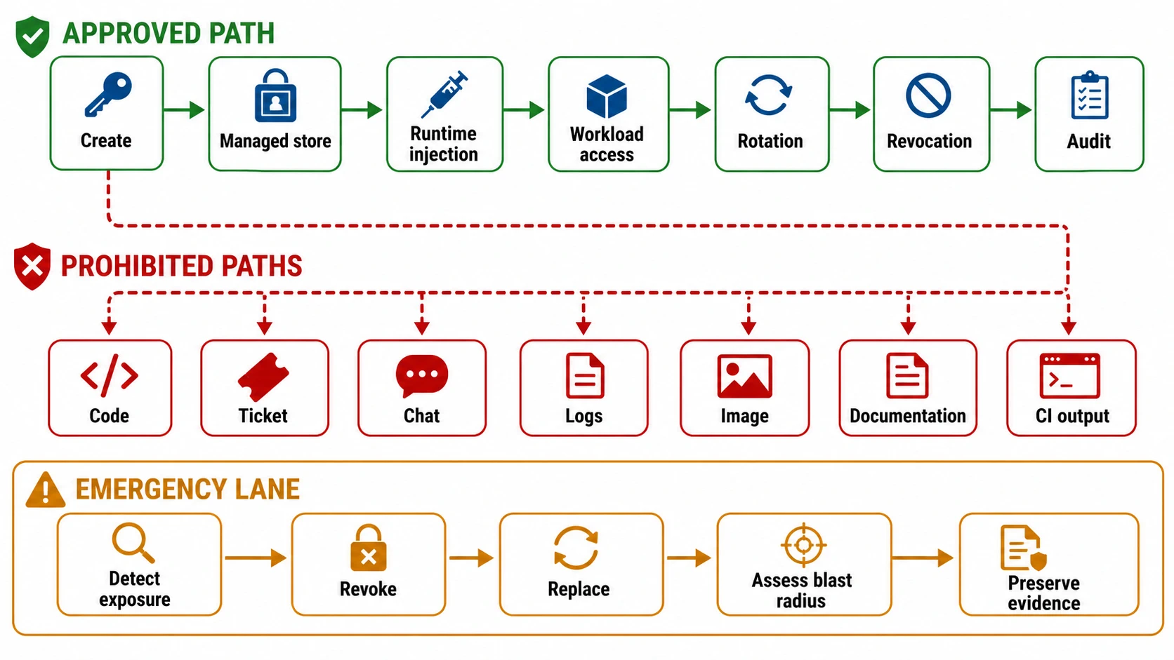 Secret journey diagram with approved path from create to managed store, runtime injection, workload access, rotation, revocation, and audit. Prohibited paths branch to code, ticket, chat, logs, image, documentation, and CI output. Emergency lane shows detect exposure, revoke, replace, assess blast radius, and preserve evidence.