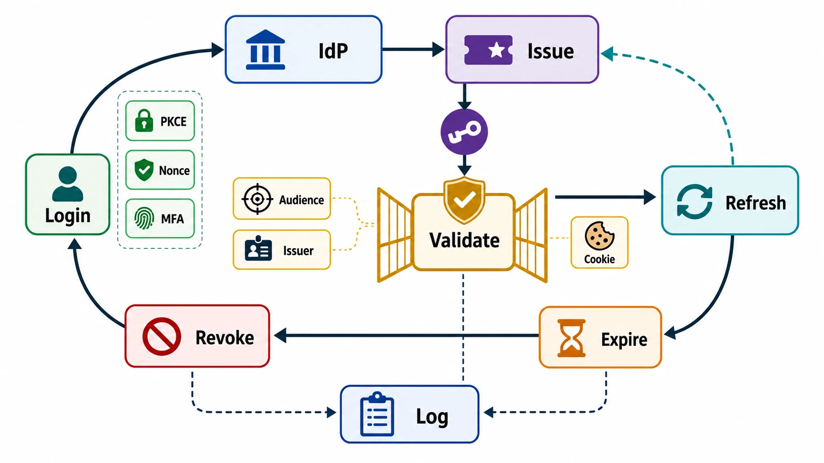 Authentication token lifecycle showing login, identity provider, token issuance, validation, refresh, revocation, expiry, logging, and guards for PKCE, nonce, audience, issuer, cookie flags, and MFA.