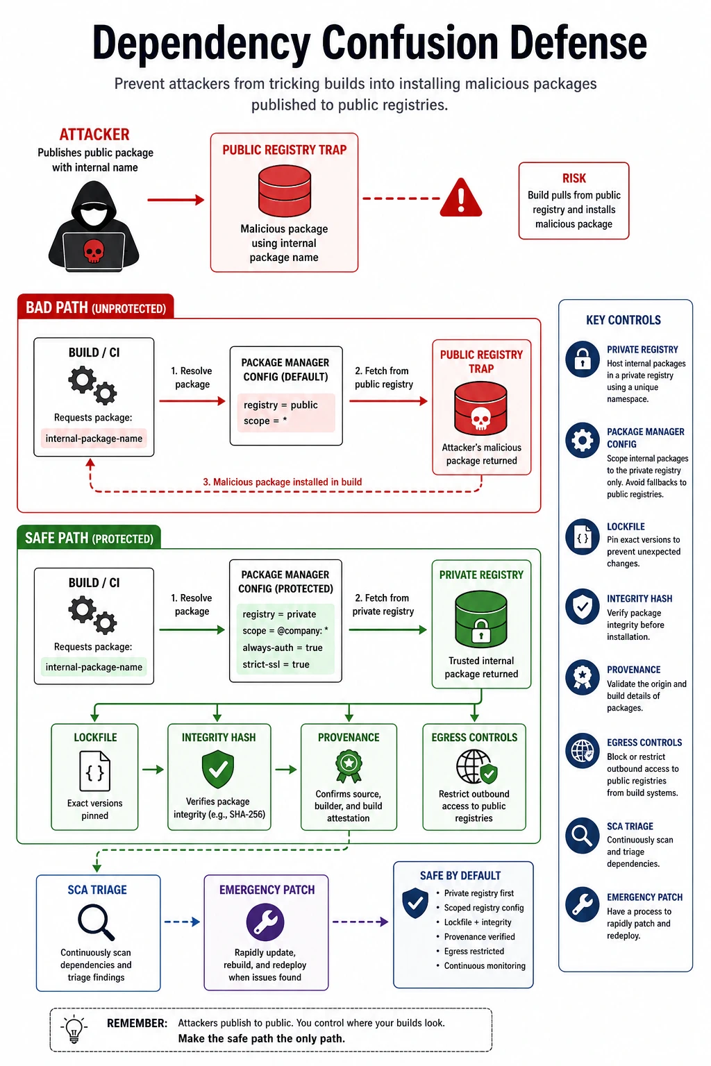Dependency confusion defense diagram showing an attacker publishing a public package with an internal name, unsafe package manager resolution to the public registry, and safer controls using private registry namespace, scoped registry configuration, lockfile, integrity hash, SCA triage, provenance, and emergency patch path.