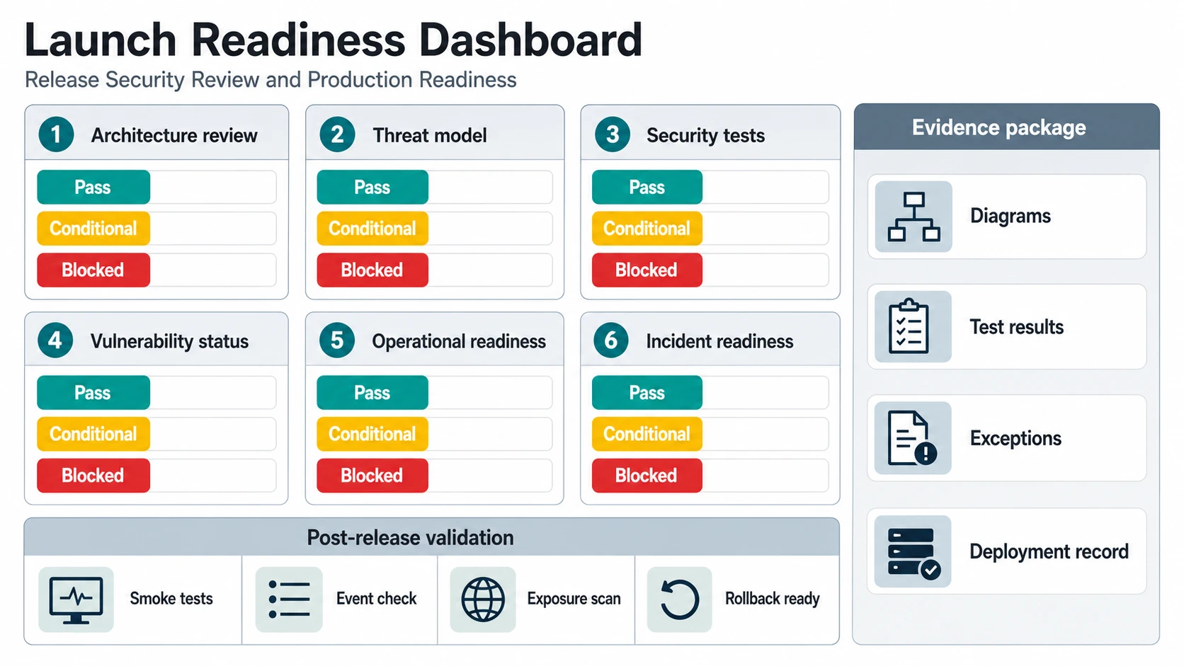 Launch readiness dashboard with gate cards for architecture review, threat model, security tests, vulnerability status, operational readiness, and incident readiness, plus evidence package and post-release validation sections.