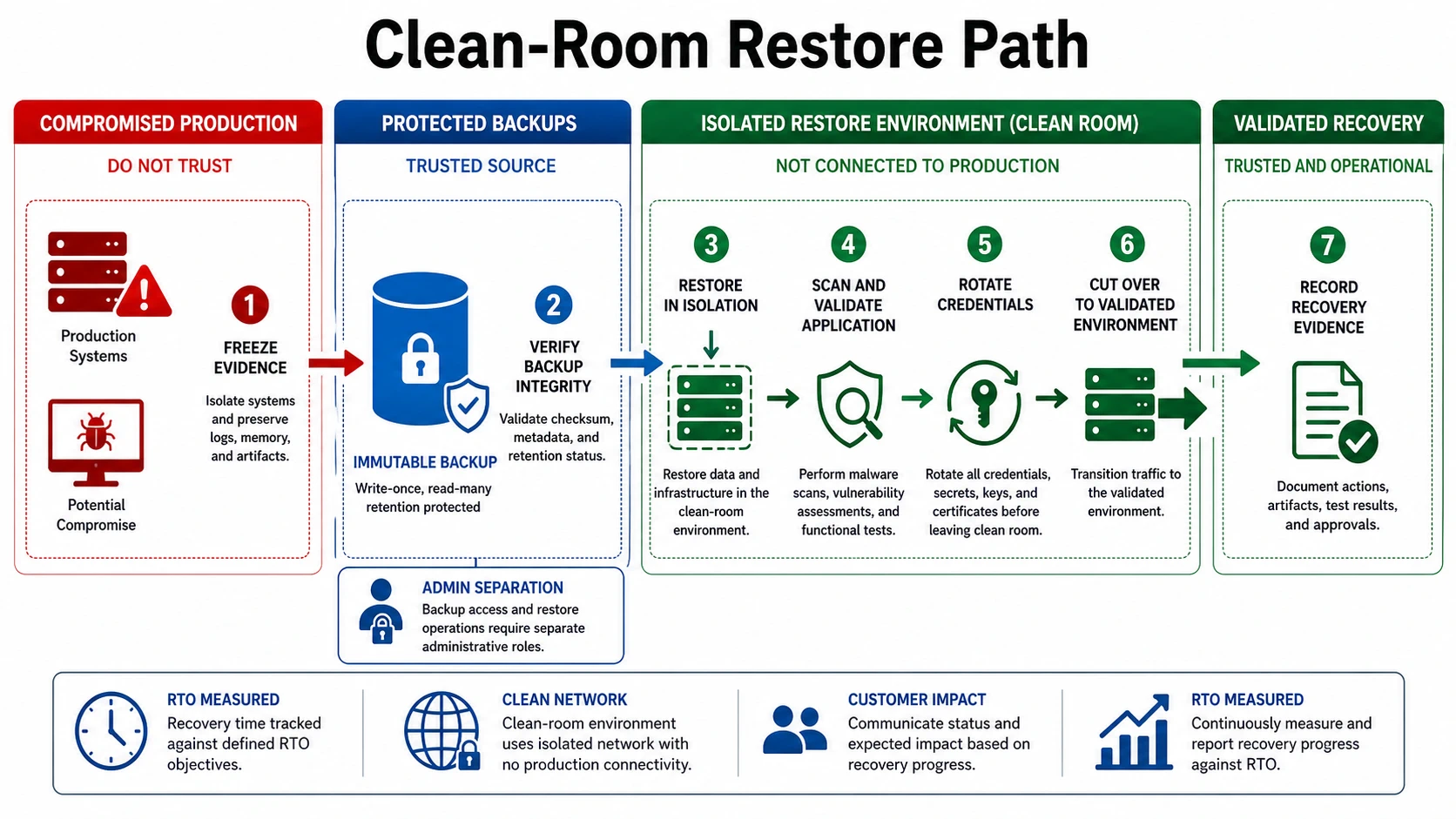 Clean-room restore path from compromised production through protected immutable backups into an isolated restore environment, followed by integrity checks, credential rotation, validation, cutover, and recovery evidence.
