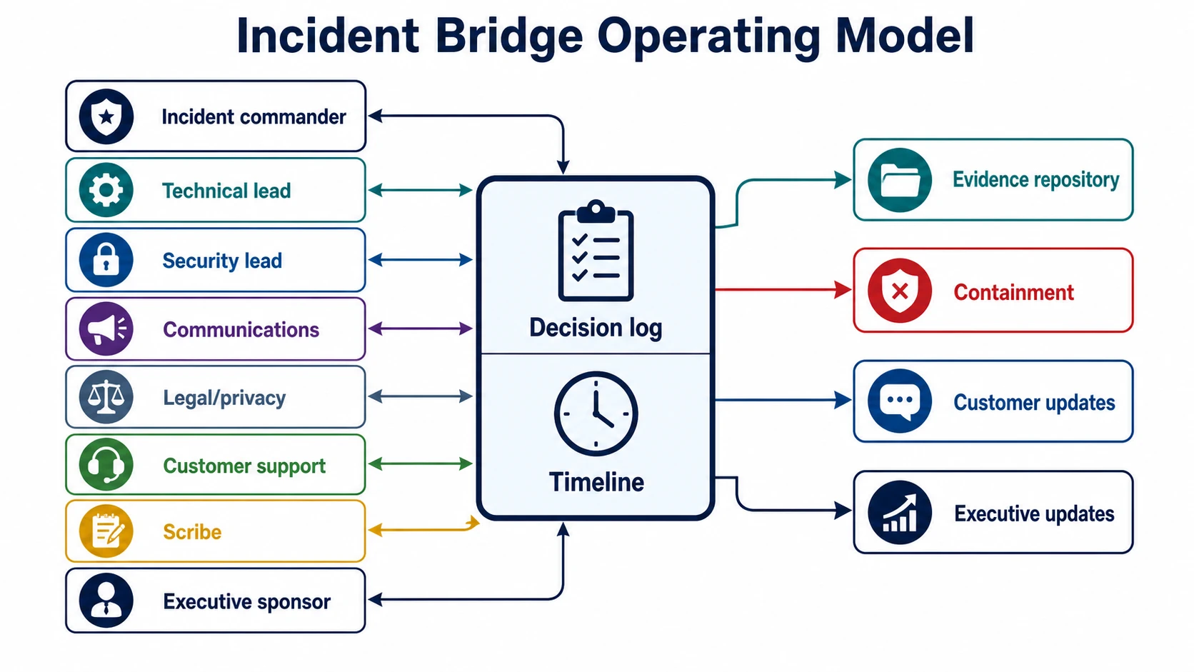 Incident bridge operating model with incident commander, technical lead, security lead, communications, legal privacy, customer support, scribe, executive sponsor, decision log, timeline, evidence repository, containment, customer updates, and executive updates.