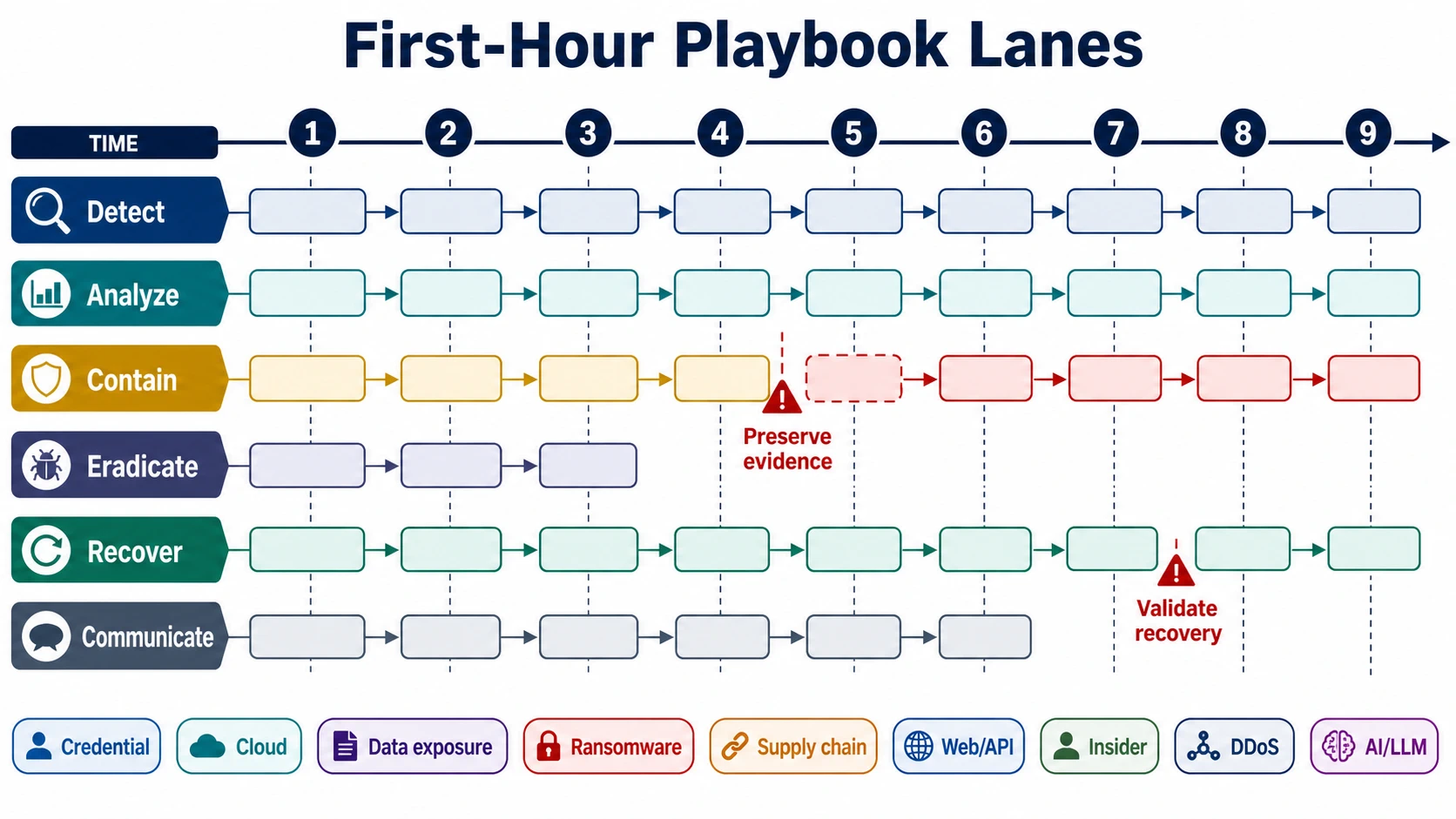 First-hour incident playbook lanes for detect, analyze, contain, eradicate, recover, and communicate, with preserve evidence and validate recovery warning points and scenario tags.