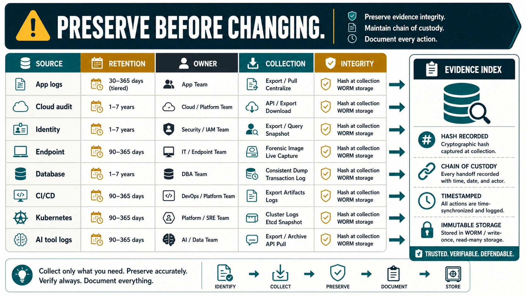 Evidence preservation map with rows for application logs, cloud audit, identity, endpoint, database, CI/CD, Kubernetes, and AI tool logs, and columns for retention, owner, collection method, and integrity control.