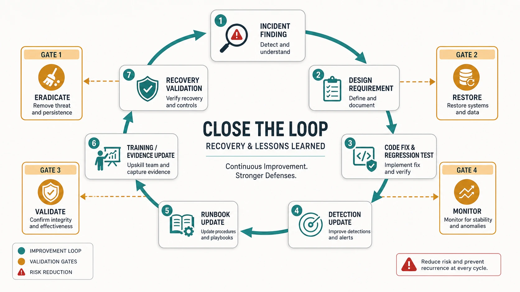 Close-the-loop recovery diagram linking incident finding, design requirement, code fix and regression test, detection update, runbook update, training and evidence update, and recovery validation.