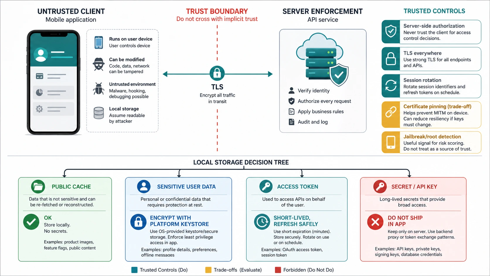 Mobile application trust boundary diagram showing an untrusted client, TLS to server enforcement, trusted controls, and a local storage decision tree for public cache, sensitive user data, access token, and app secrets.
