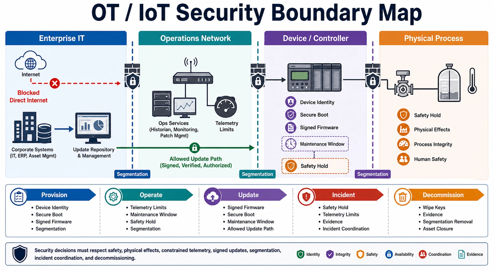 OT and IoT security boundary map showing enterprise IT, operations network, device or controller, physical process, allowed signed update path, blocked direct internet path, segmentation boundaries, device identity, secure boot, signed firmware, telemetry limits, maintenance window, safety hold, incident evidence, and decommissioning key wipe.