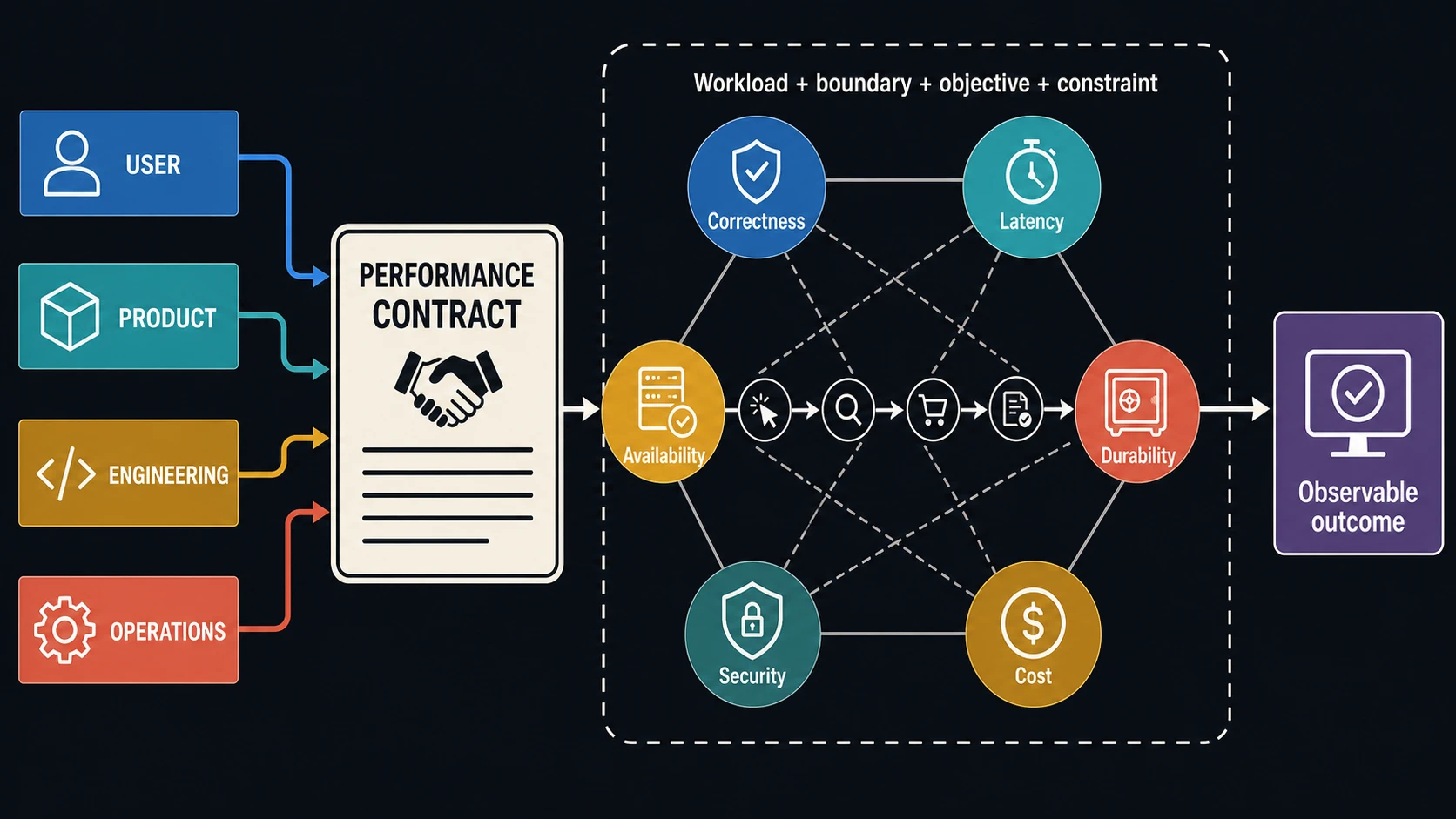A performance contract receives user, product, engineering, and operations inputs, then governs a system boundary in which correctness, latency, availability, durability, security, and cost remain coupled before an observable outcome.