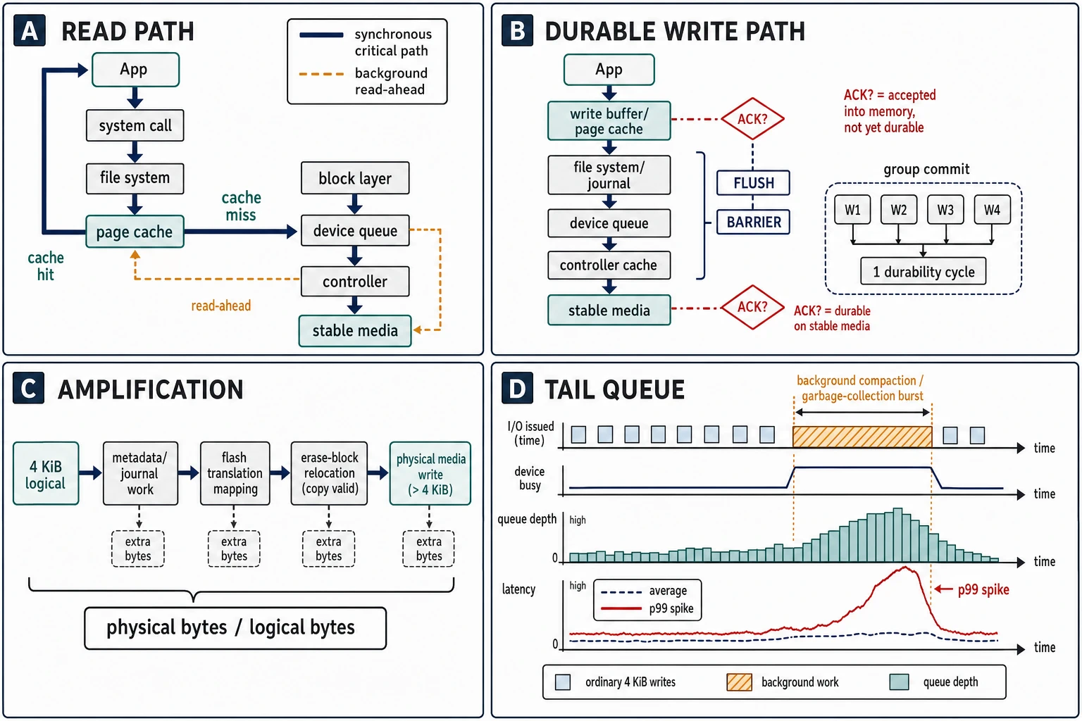 Four panels trace a buffered read through cache-hit and cache-miss branches, a durable write through flush and group commit, a 4 KiB logical write expanding into physical media work, and background compaction raising queue depth and p99 latency.