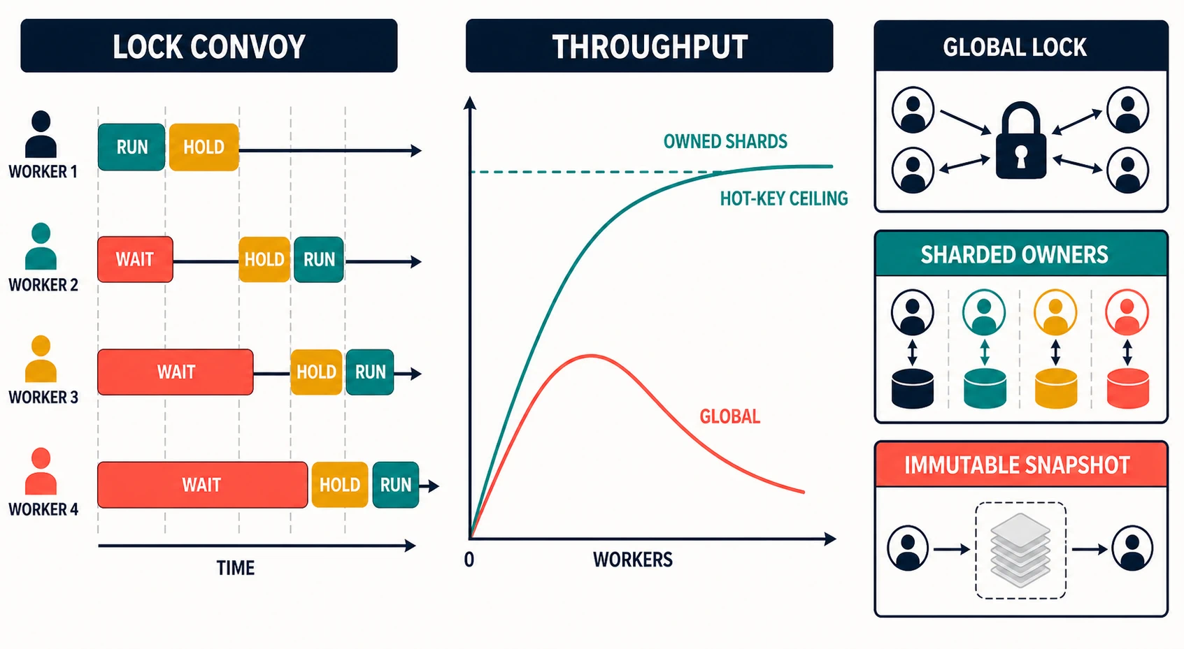 A Relay Rooms contention map combines a left-to-right lock-convoy timeline, a throughput curve that rises then collapses for global state, an owned-shard curve capped by hot-key skew, and three shared-state redesign patterns.