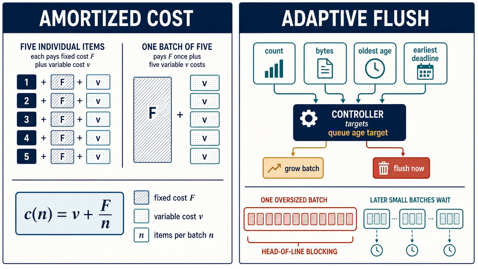 A memory aid compares fixed cost paid per item with fixed cost shared by a batch, shows the amortized cost equation, and maps an adaptive flush controller driven by count, bytes, oldest age, and earliest deadline. One oversized batch blocks later small batches.