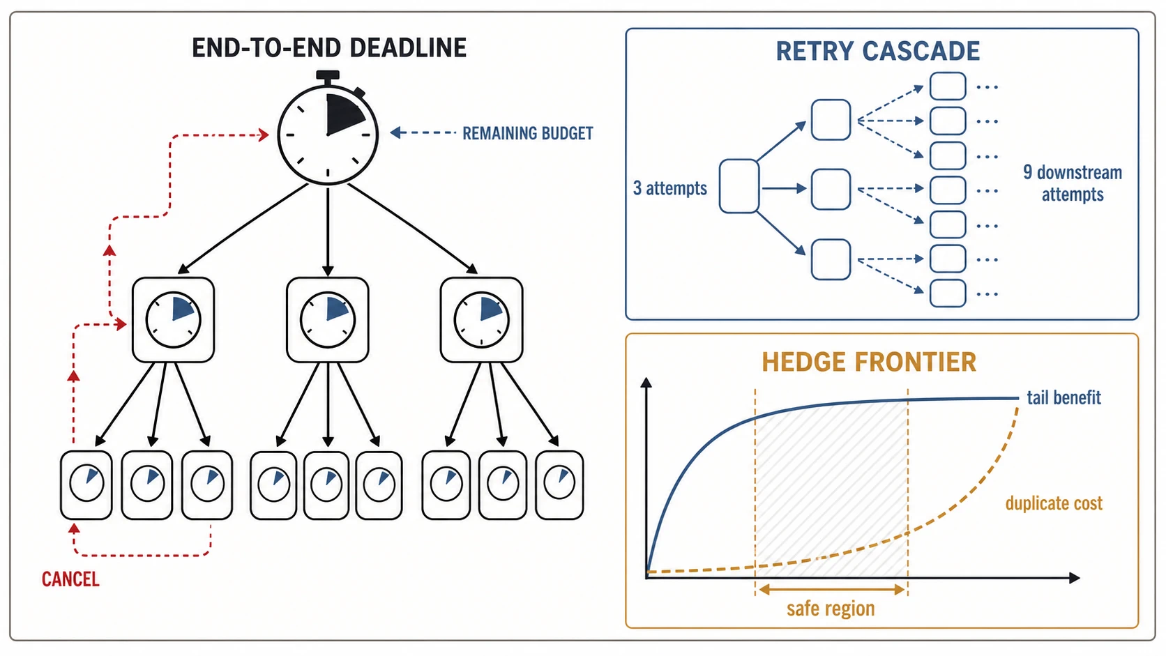 An end-to-end deadline shrinks through a call tree; cancellation returns upstream, retries multiply across layers, and a hedge frontier separates tail benefit from duplicate cost.