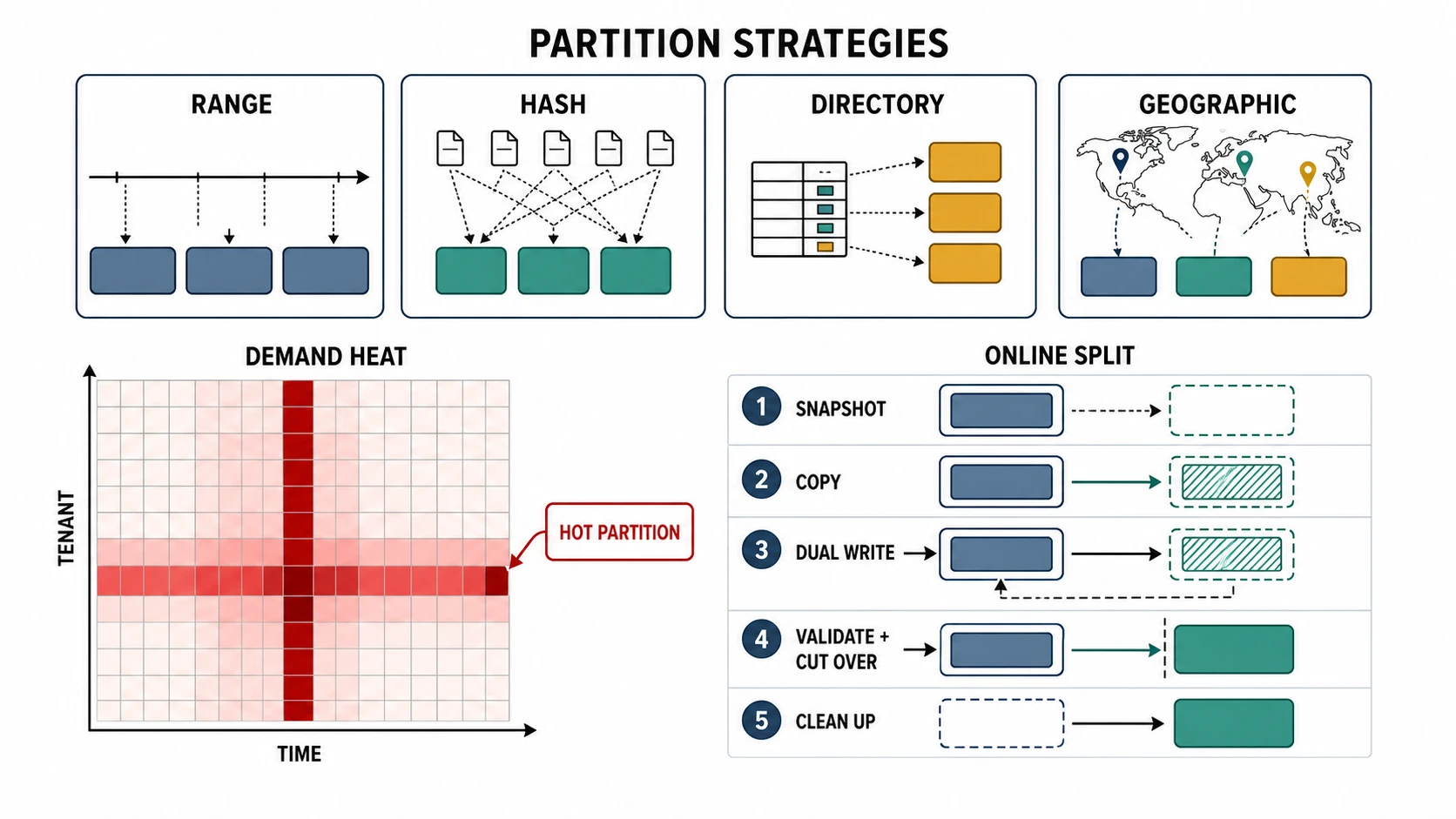 Range, hash, directory, and geographic partitioning strategies above a tenant-by-time demand heat map and a five-stage online split whose old owner remains authoritative until epoch-fenced cutover.