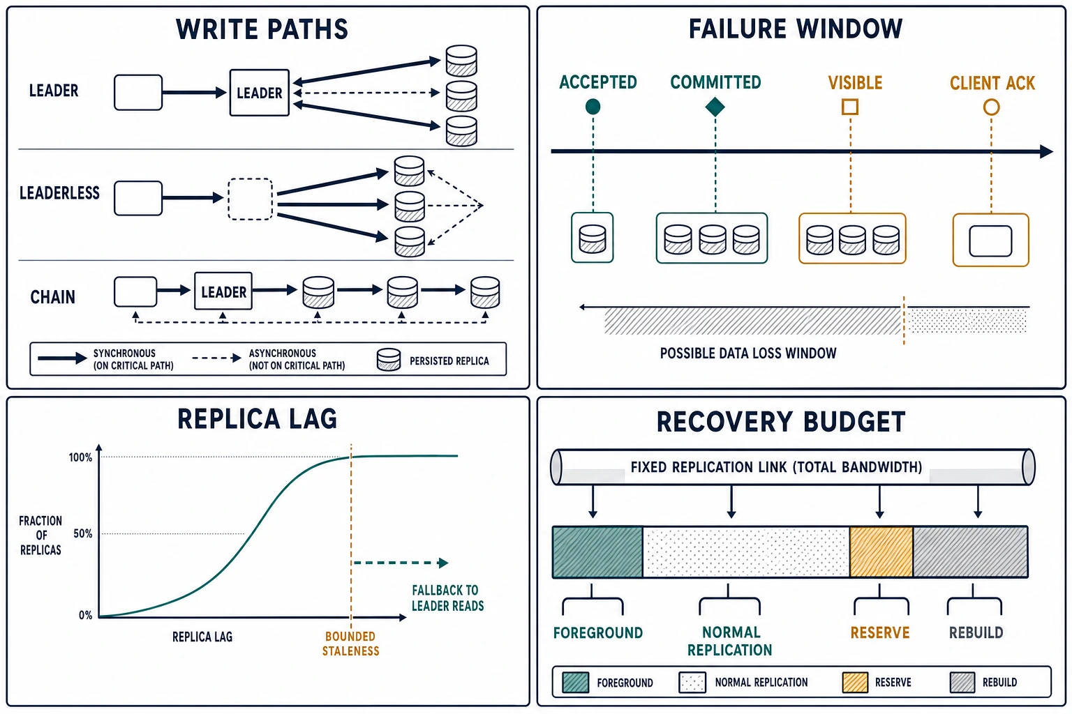 Leader, leaderless, and chain write paths beside accepted, committed, visible, and acknowledged events, a bounded-staleness threshold, and a fixed recovery-link budget.