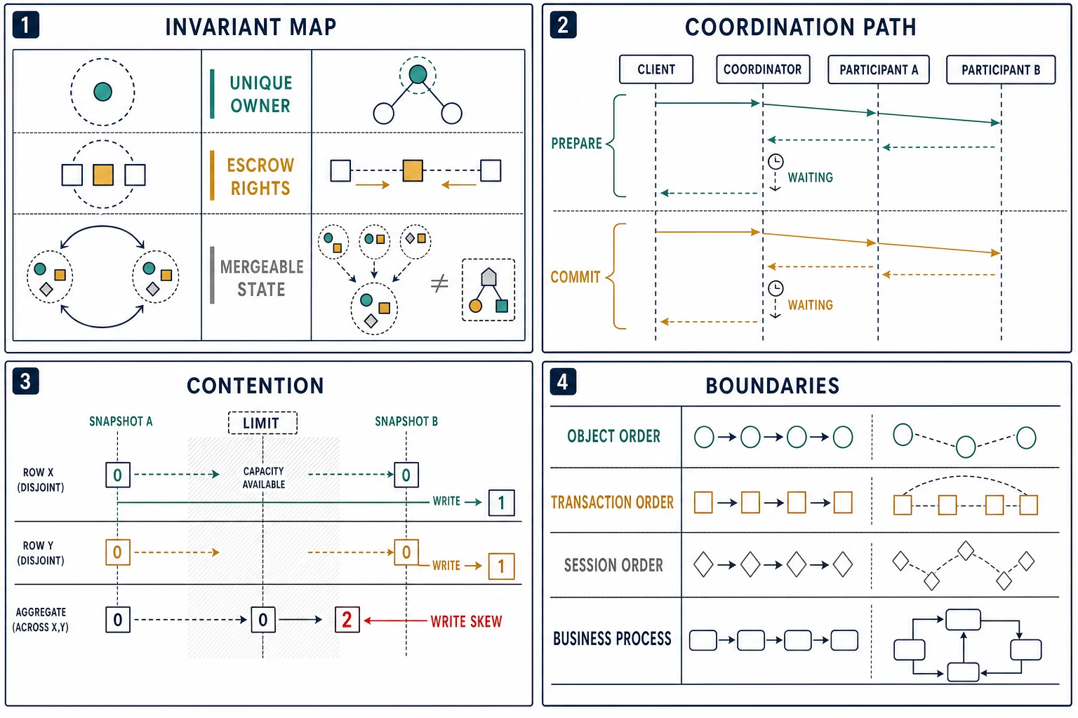 Invariant shapes map to unique ownership, escrow rights, and mergeable state beside prepare-and-commit coordination, disjoint-row write skew, and four distinct consistency boundaries.