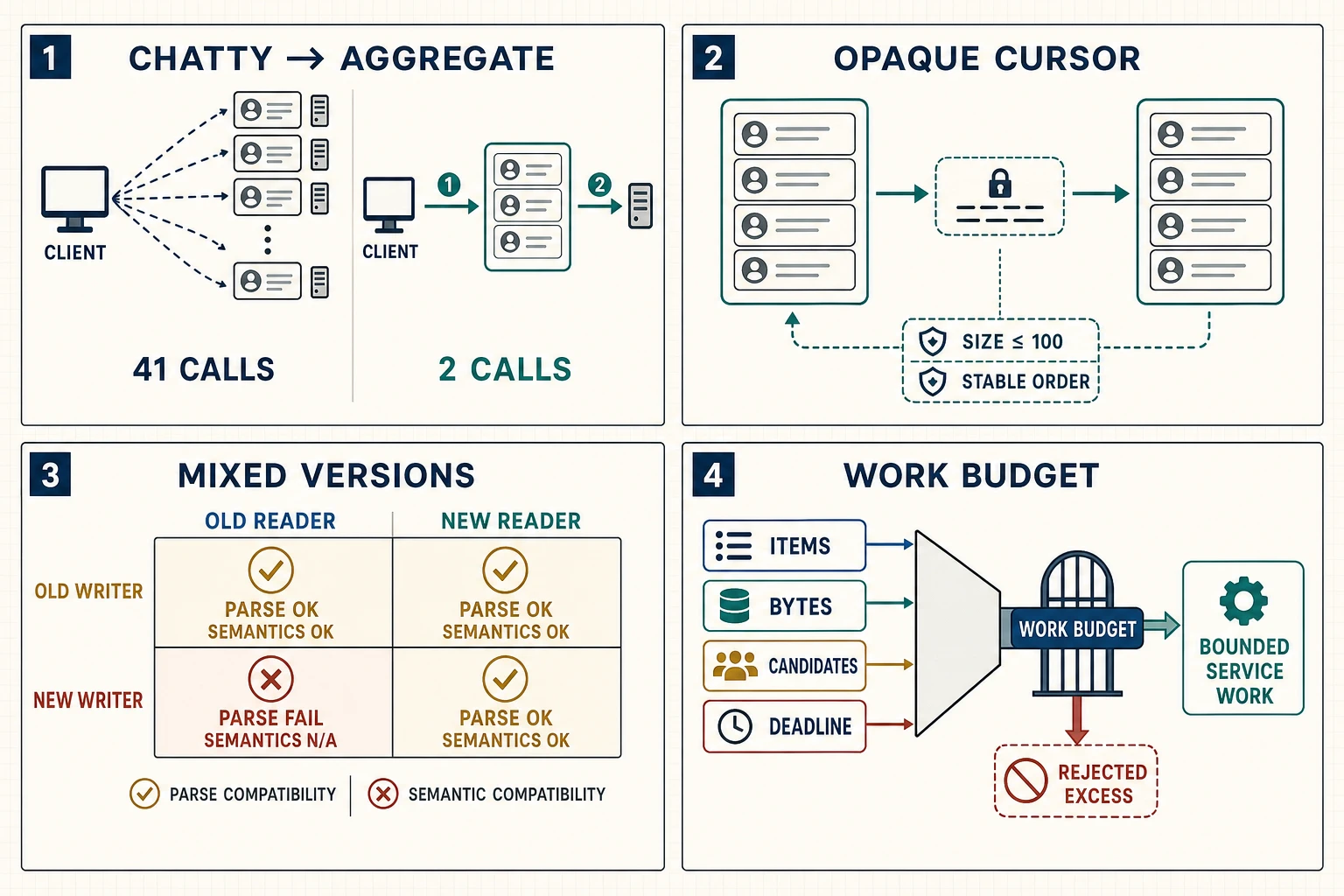 A 41-call chatty search contrasts with a bounded aggregate, an opaque cursor binds stable query semantics, a matrix classifies mixed-version schema changes, and a review maps client inputs to work budgets.